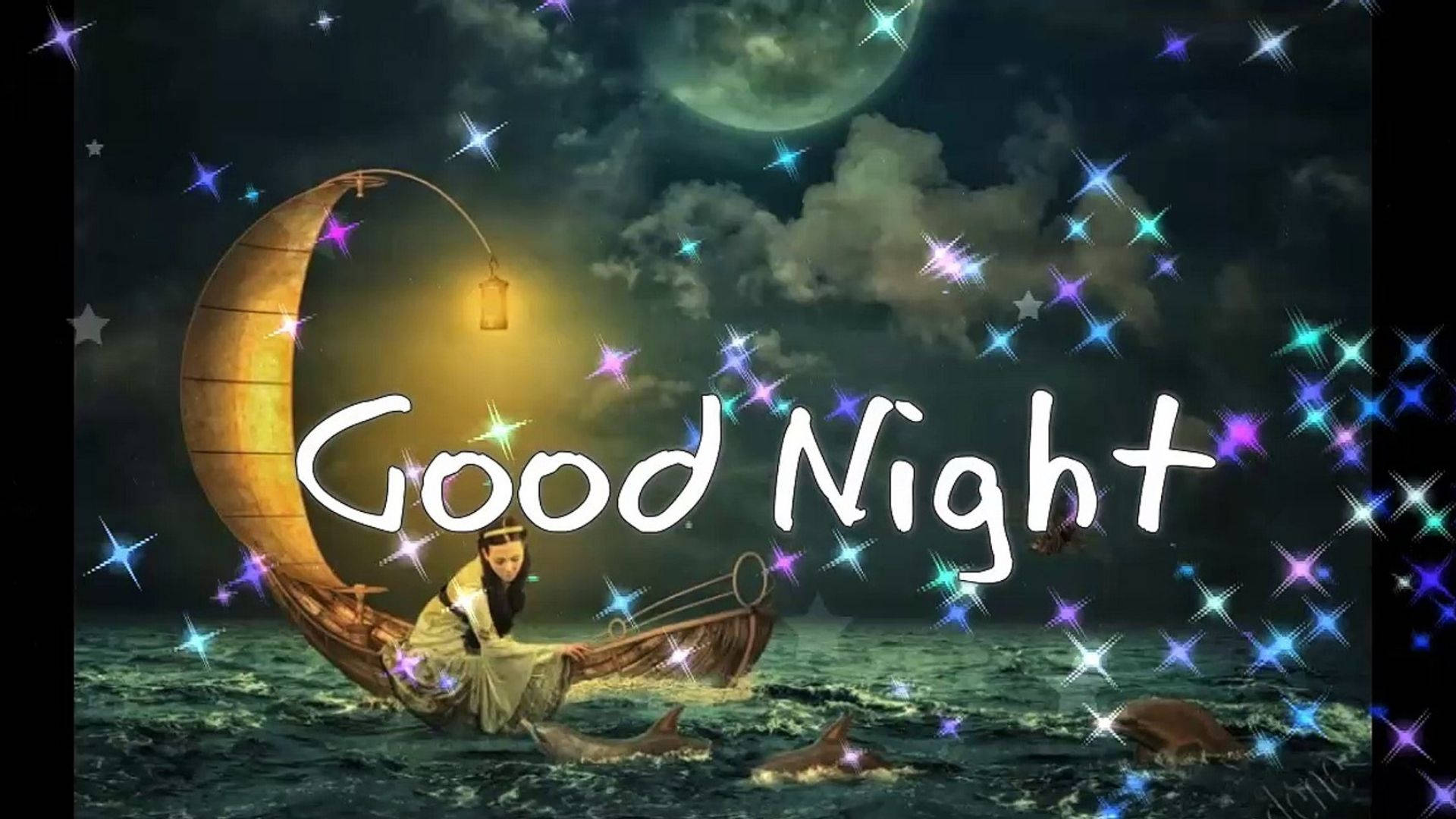 dreams 桌布 壁紙 — 寧靜的夜晚場景，一個人在新月形狀的船上，在閃爍的星空水面航行，上方有發光的月亮。
