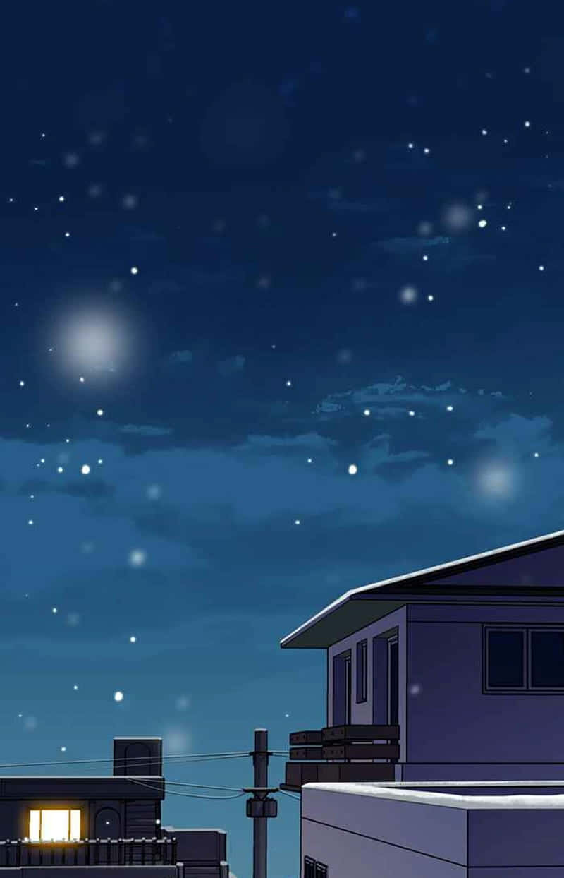 東京 桌布 壁紙 — 寧靜的夜晚場景，屋頂上方星空閃爍，安靜住宅區中一扇發光的窗戶。