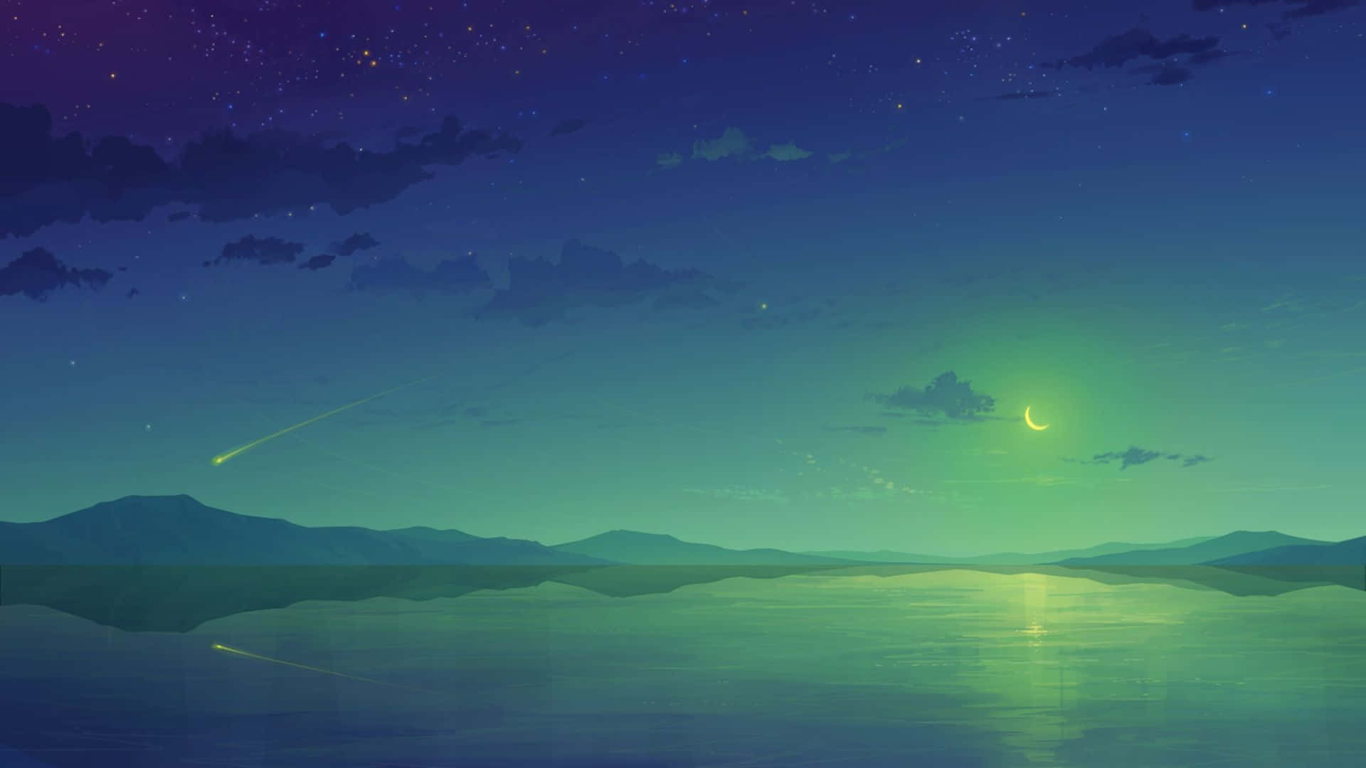 動漫風格 桌布 壁紙 — 寧靜的夜晚場景，平靜的湖面上群山倒映著閃爍的彎月和流星，星空璀璨。