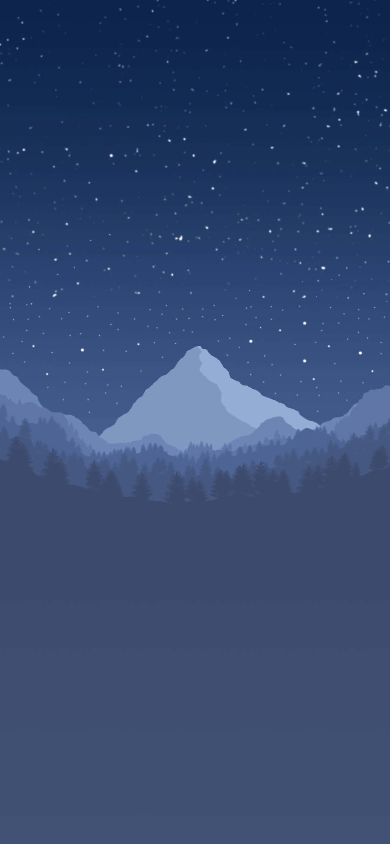 Minimalist Phone 桌布 壁紙 — 寧靜的夜晚場景，星空籠罩著積雪的山峰和森林剪影。