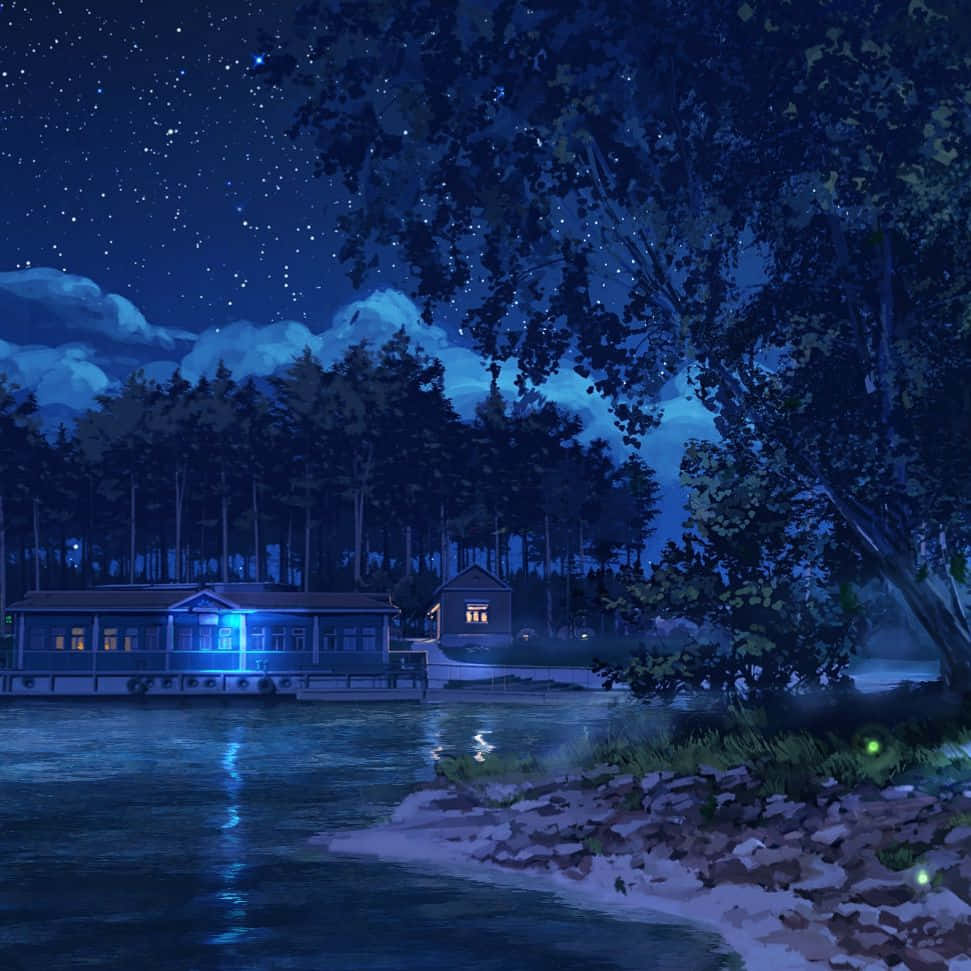 Night Anime 桌布 壁紙 — 寧靜的夜晚場景，樹木環繞的星空下，湖上有一座發光的藍色小屋。