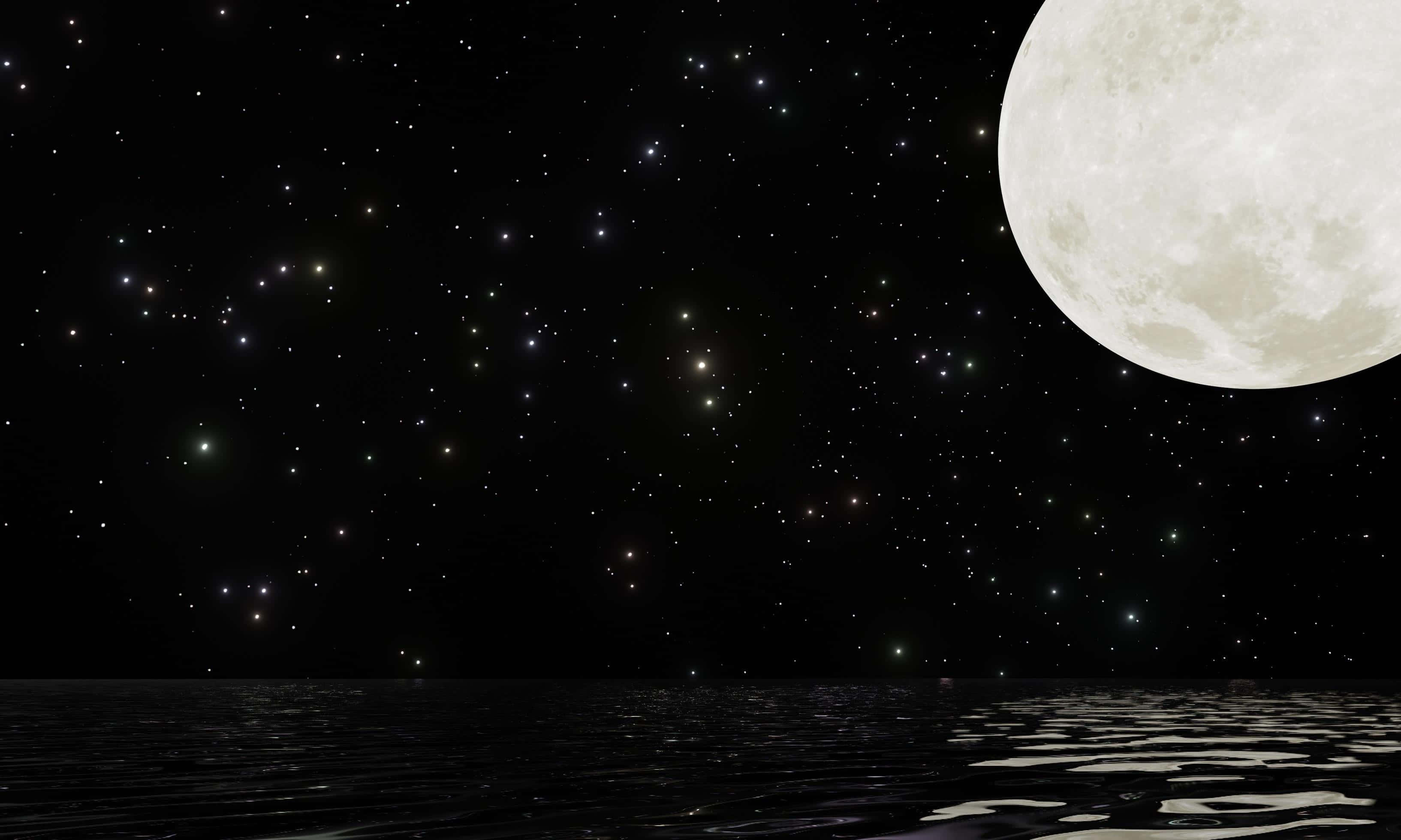 黑夜 桌布 壁紙 — 寧靜的夜晚場景，滿月和星星倒映在平靜的水面上。