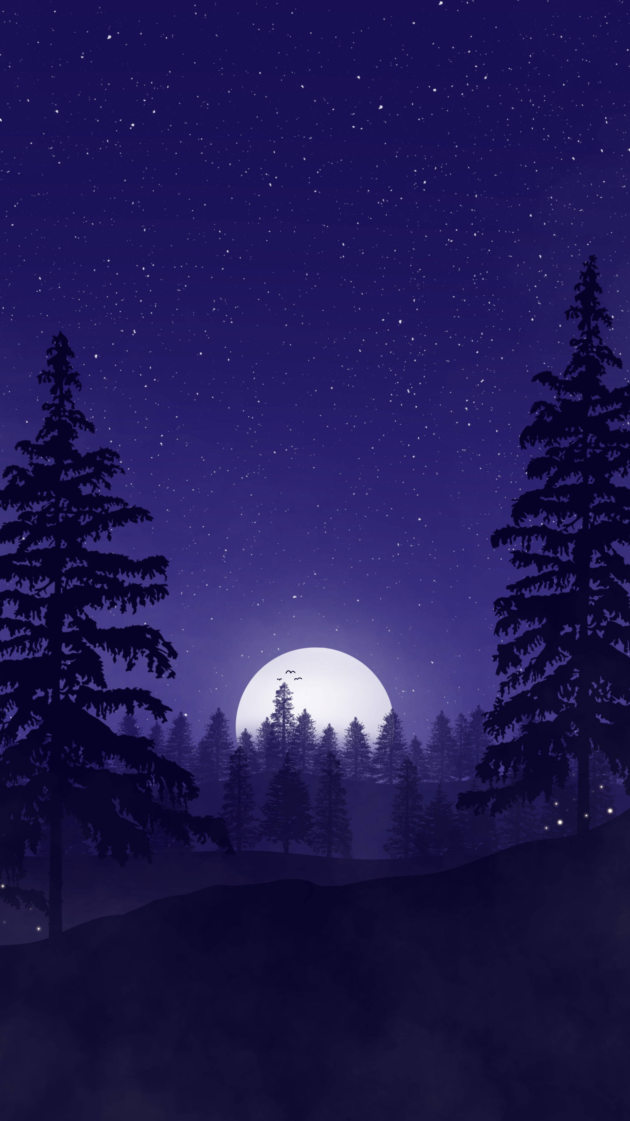 森林 桌布 壁紙 — 寧靜的夜晚場景，滿月在松樹林後升起，背景是繁星點點的深藍色天空。
