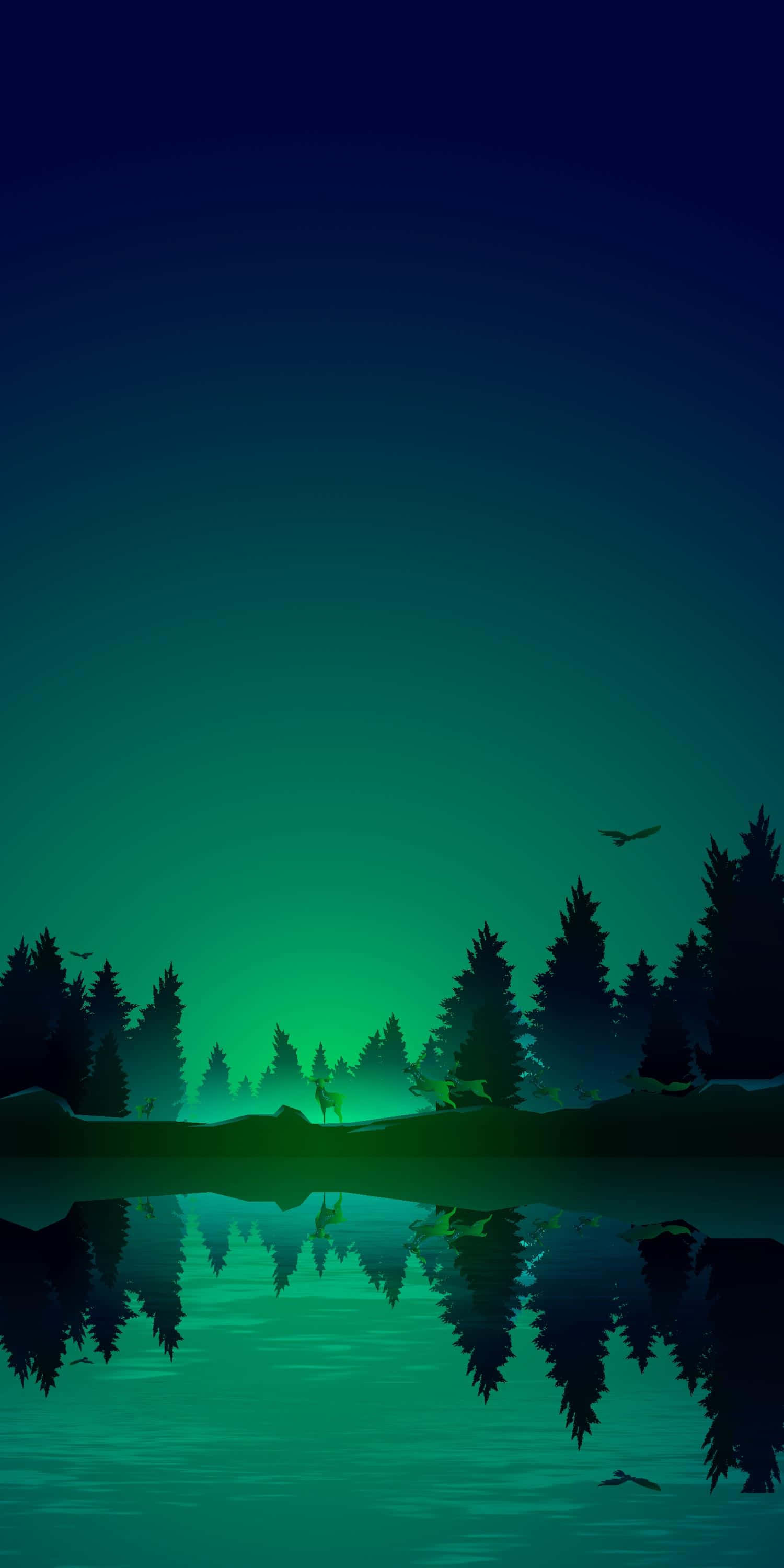 Green iPhone 桌布 壁紙 — 寧靜的夜晚場景，發光的綠色極光倒映在平靜的湖面上，周圍環繞著深色的松樹。