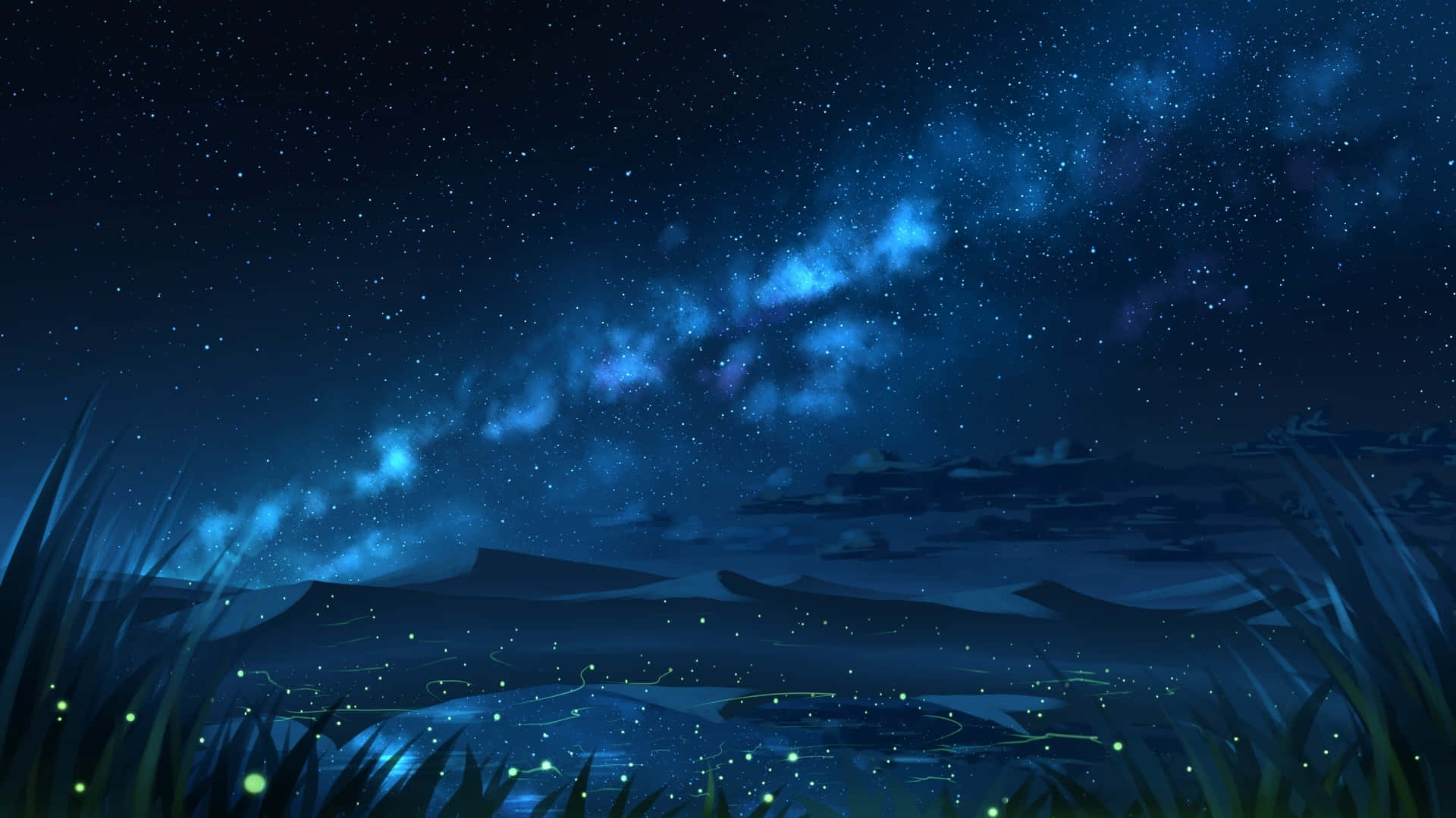 Starry Night Sky 桌布 壁紙 — 寧靜的夜晚場景，發光的藍色星系拱形橫跨在平靜的湖面上，周圍環繞著高高的草叢和螢火蟲。