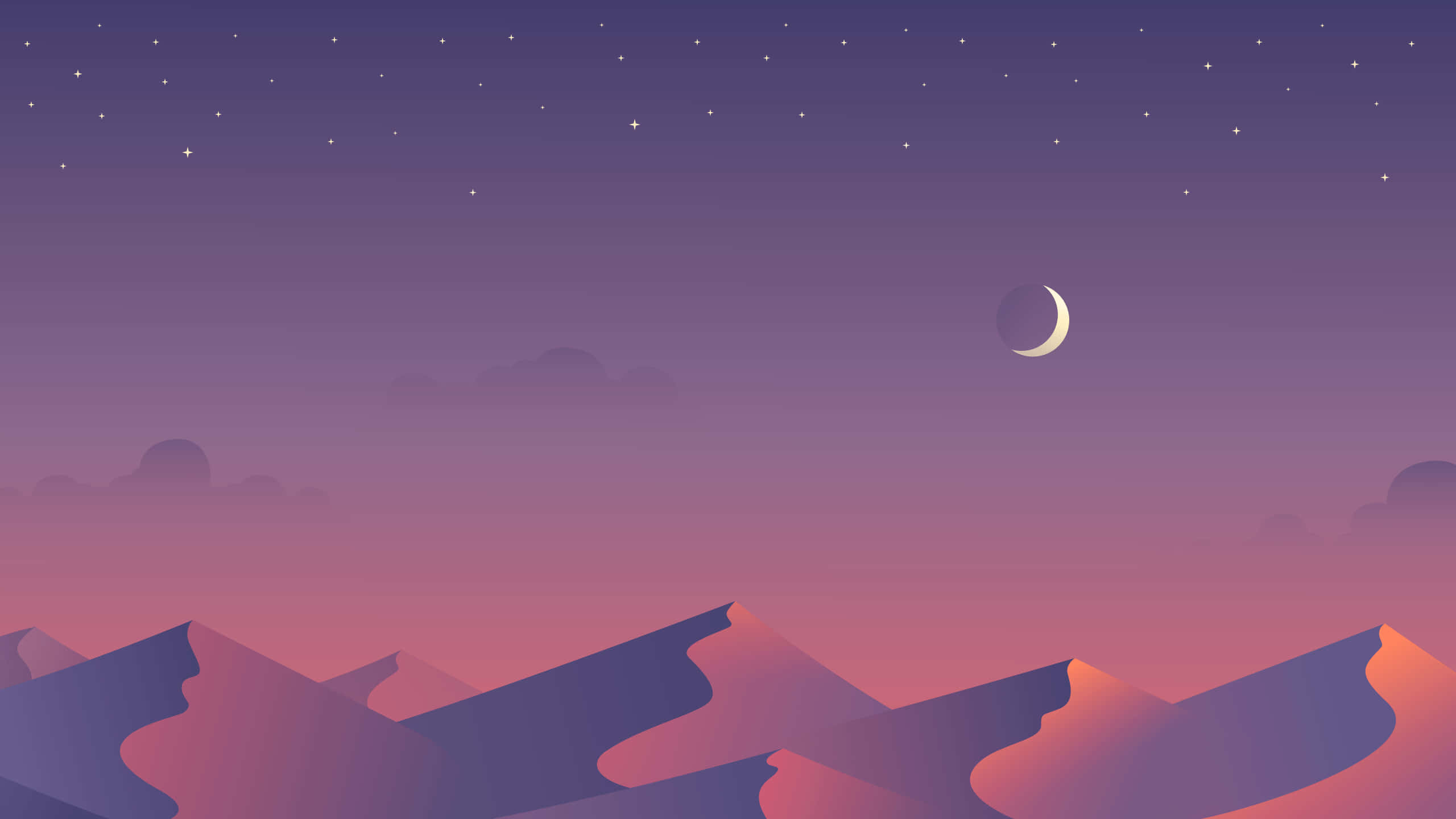 google 桌布 壁紙 — 寧靜的夜晚場景，紫色和粉紅色的山脈在星空和彎月下。
