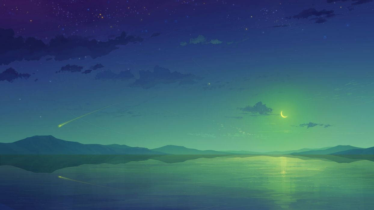 高清 桌布 壁紙 — 寧靜的夜晚湖泊在紫色和青綠色的星空下反射出閃爍的彎月和流星。