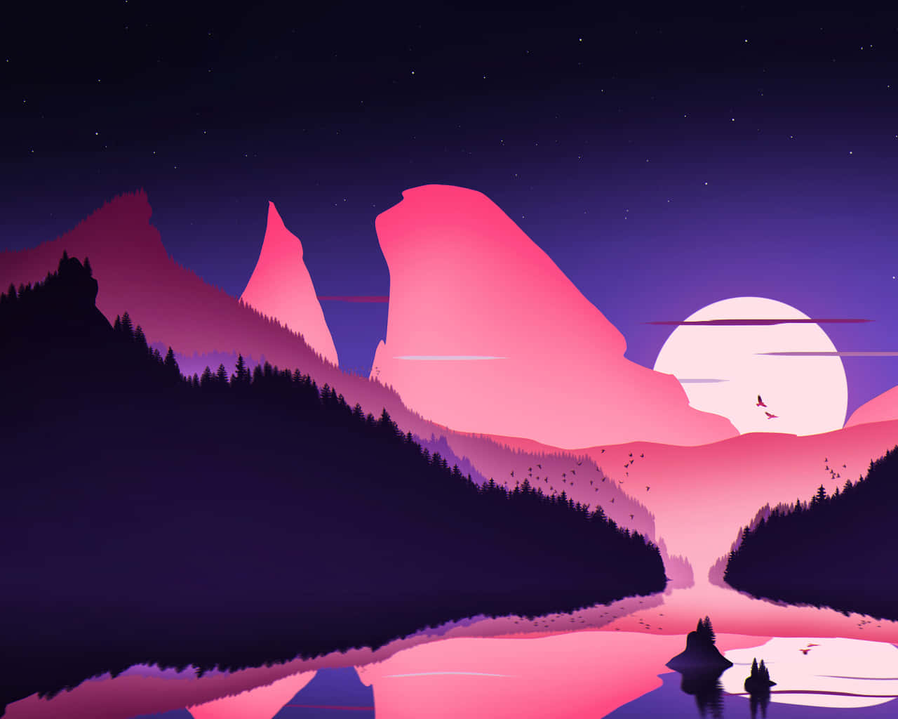 桌布 壁紙 — 寧靜的夜晚風景，粉紅色的山脈在平靜的湖面上倒映，星空下有一輪明月。