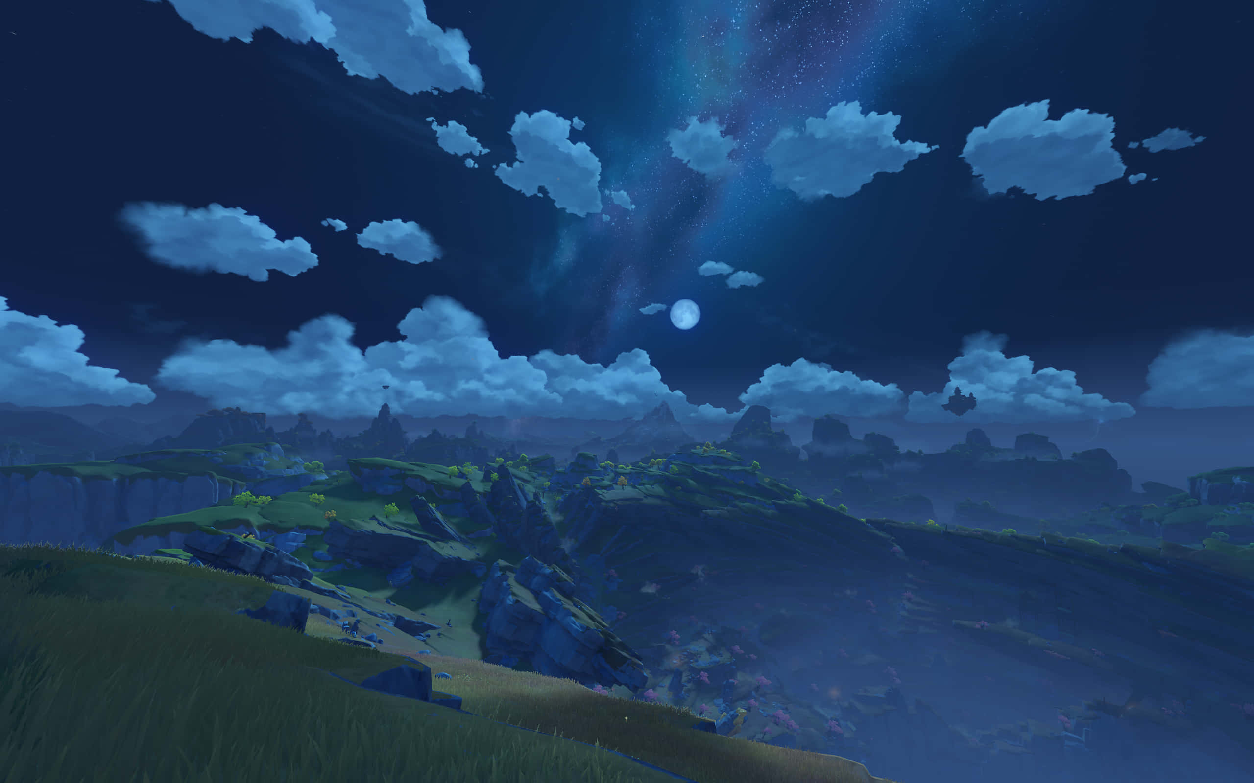 Anime Sky 桌布 壁紙 — 寧靜的夜晚風景，起伏的丘陵在星空下，伴隨著發光的月亮和柔軟的雲朵。