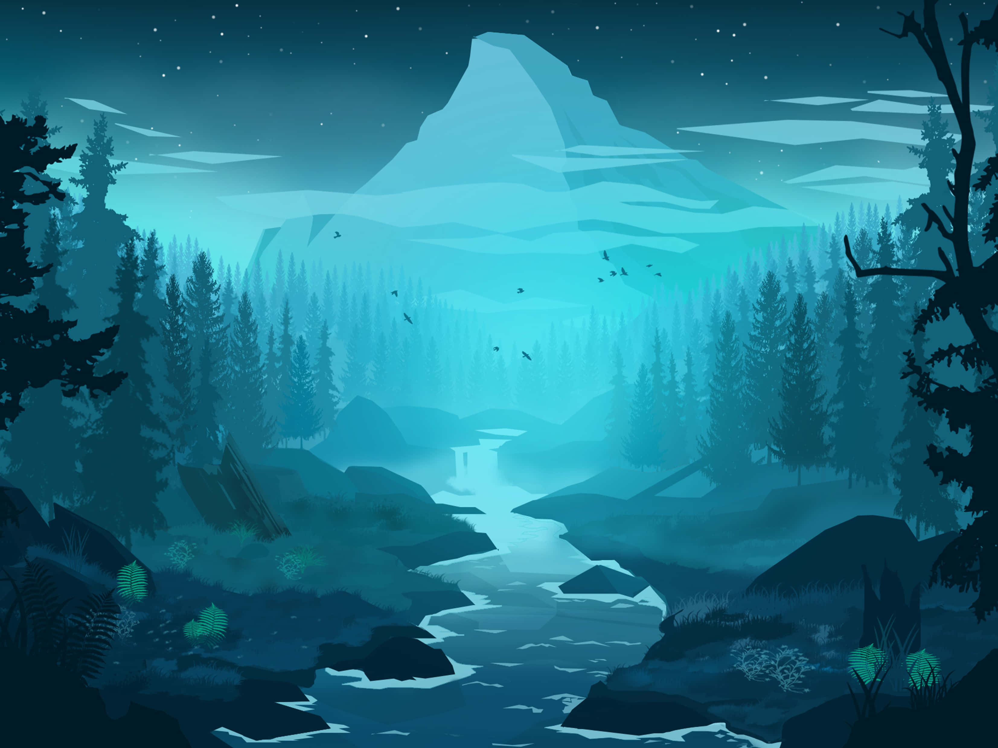 Minimalist Blue 桌布 壁紙 — 寧靜的夜景，一條發光的河流蜿蜒穿過茂密的森林，朝向星空下一座雄偉的山脈。