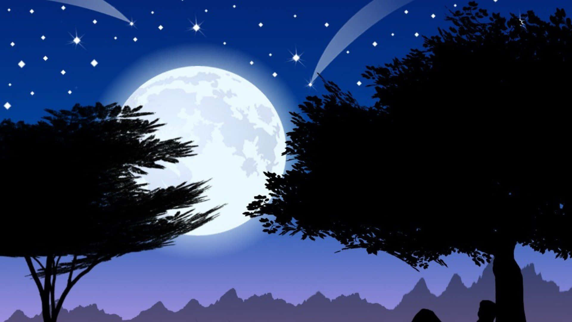 月亮與星星 桌布 壁紙 — 寧靜的夜景，一輪巨大的月亮被樹木剪影環繞，背景是星空和遠山。