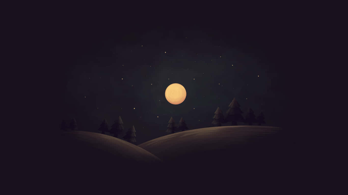 1366x768 桌布 壁紙 — 寧靜的夜景，在星空下，松樹點綴的起伏山丘上方有一輪發光的橙色月亮。