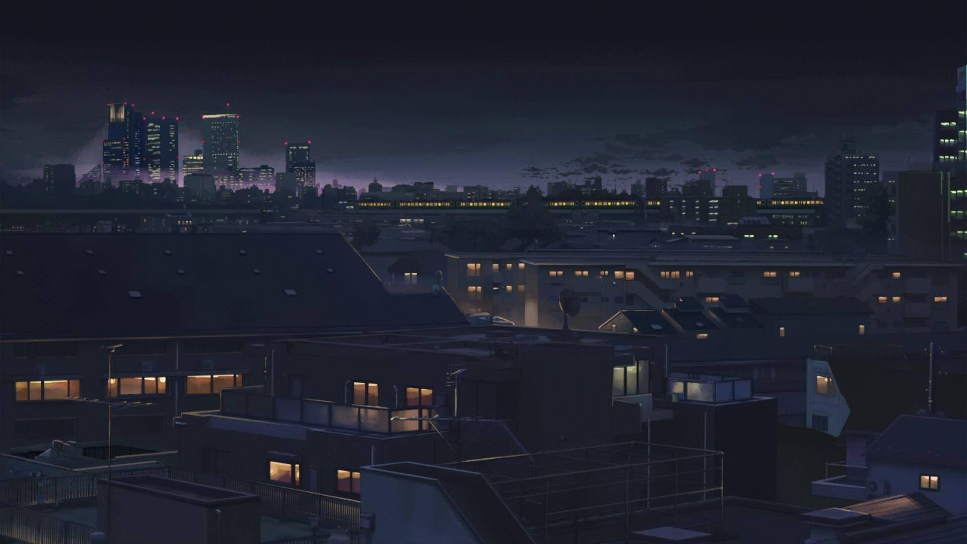 Second 桌布 壁紙 — 寧靜的夜景，城市天際線上有發光的窗戶在屋頂上，遠處的摩天大樓在深紫色天空下。