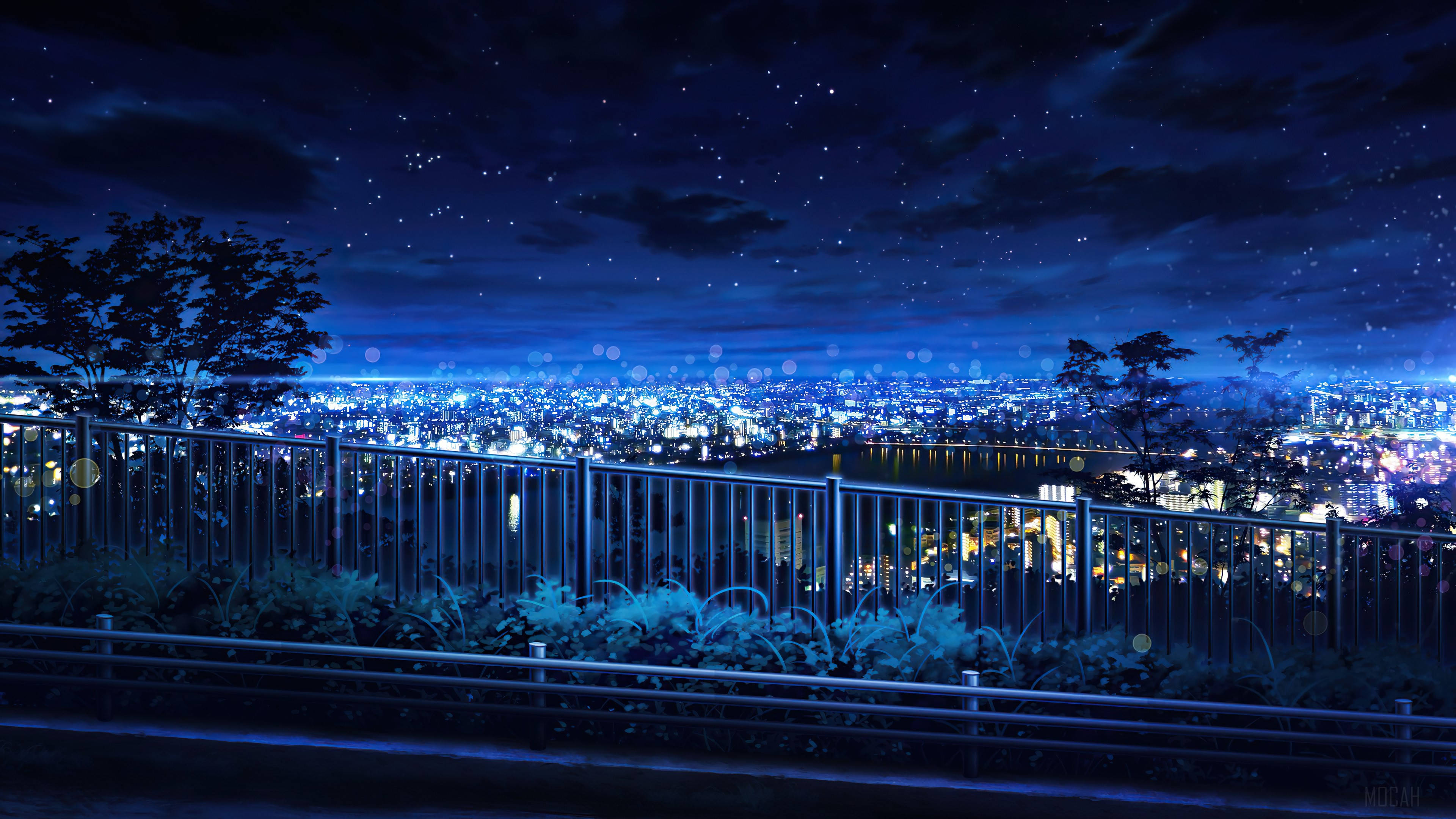 桌布 壁紙 — 寧靜的夜景，廣闊的城市天際線在星空下閃耀，前景有欄杆。