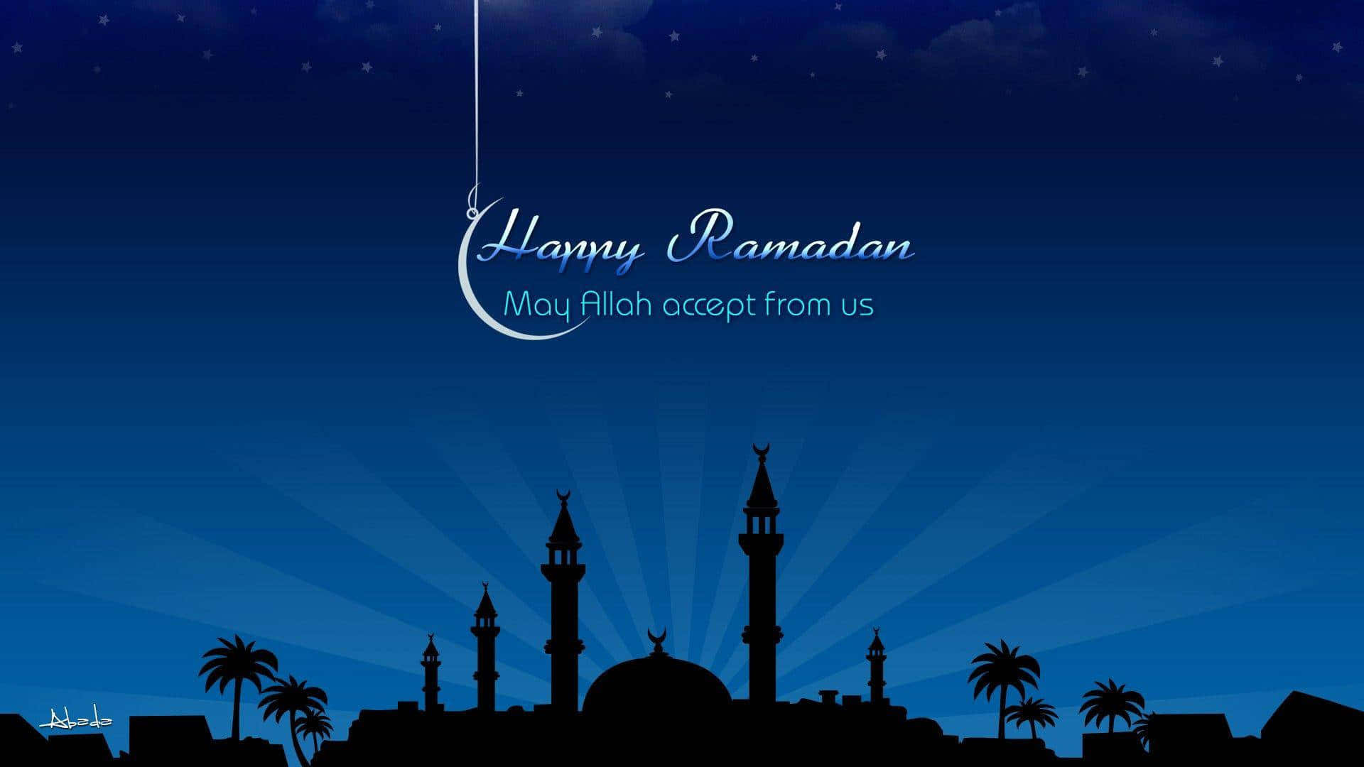 Ramadan Kareem 桌布 壁紙 — 寧靜的夜景，新月和星星在清真寺剪影上方，襯托著深藍色漸變天空。