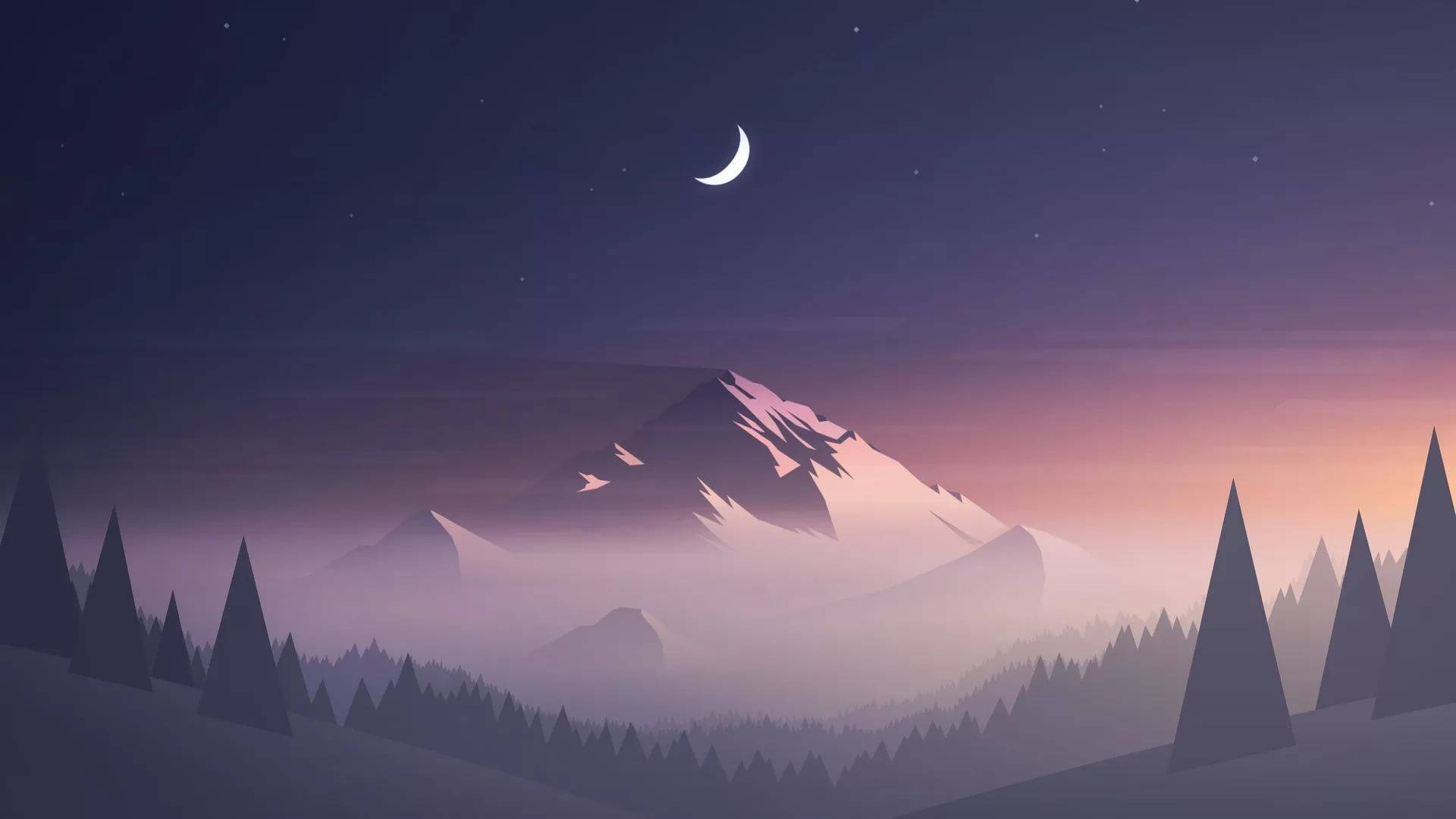 筆電 桌布 壁紙 — 寧靜的夜景，新月和星星在白雪覆蓋的山脈上方，由深色松樹框住。
