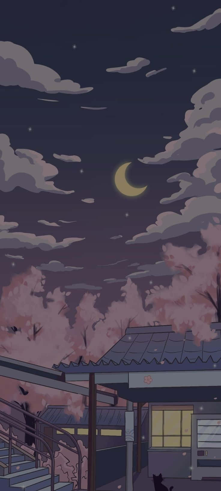 Aesthetic Anime 桌布 壁紙 — 寧靜的夜景，新月和星星在盛開的粉紅色櫻花上方，靠近傳統日本建築。
