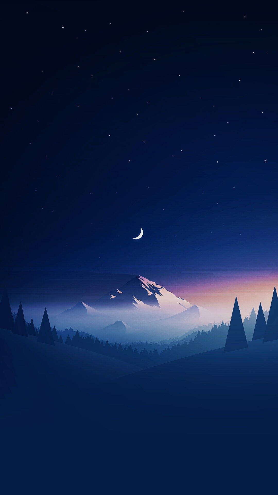 山景 桌布 壁紙 — 寧靜的夜景，新月和星星在積雪的山峰和剪影的松樹上方。