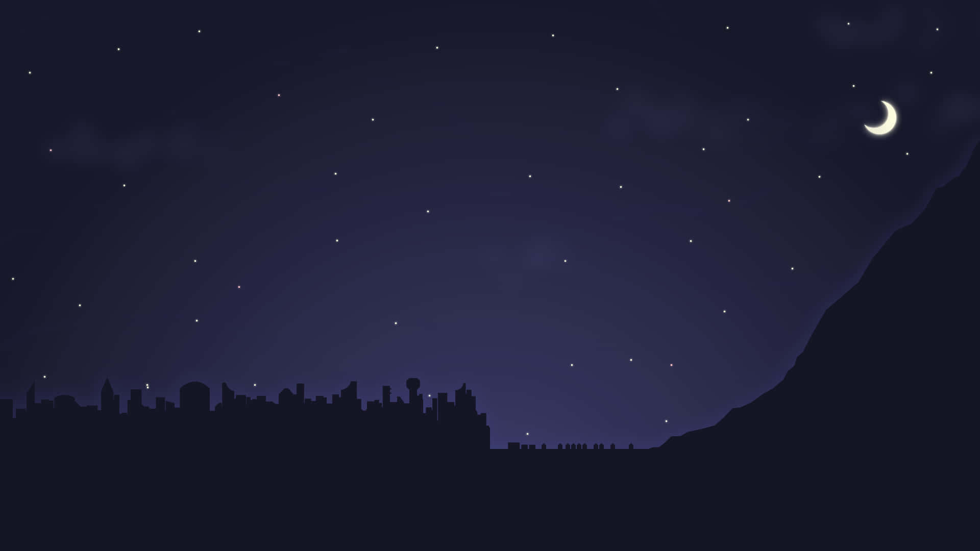 Aesthetic Night Sky 桌布 壁紙 — 寧靜的夜景，新月和星星高懸於城市天際線之上，襯托著黑暗的山巒剪影。