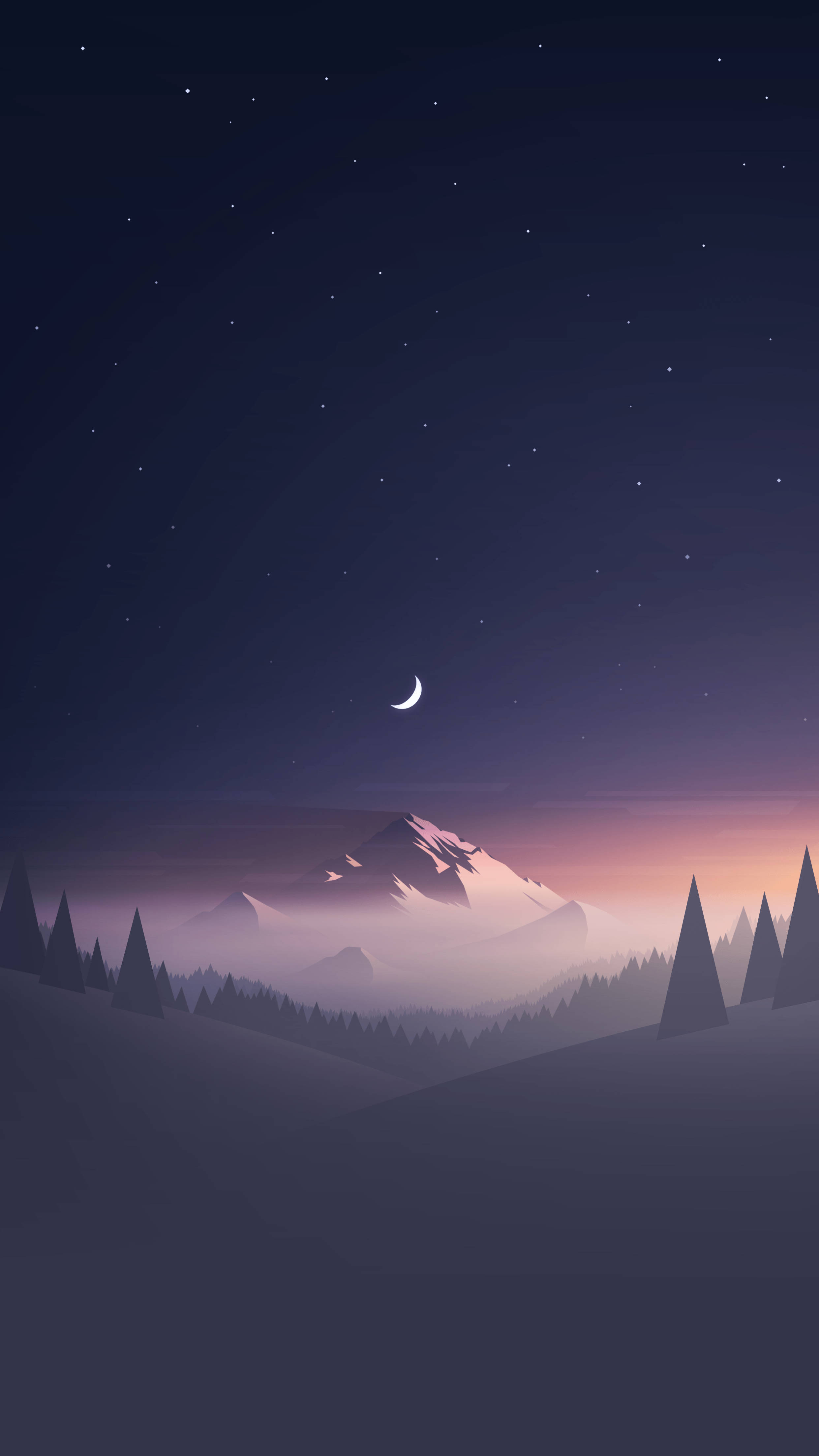簡約手機 桌布 壁紙 — 寧靜的夜景，新月和星星高聳在積雪的山峰和松樹的剪影之上。