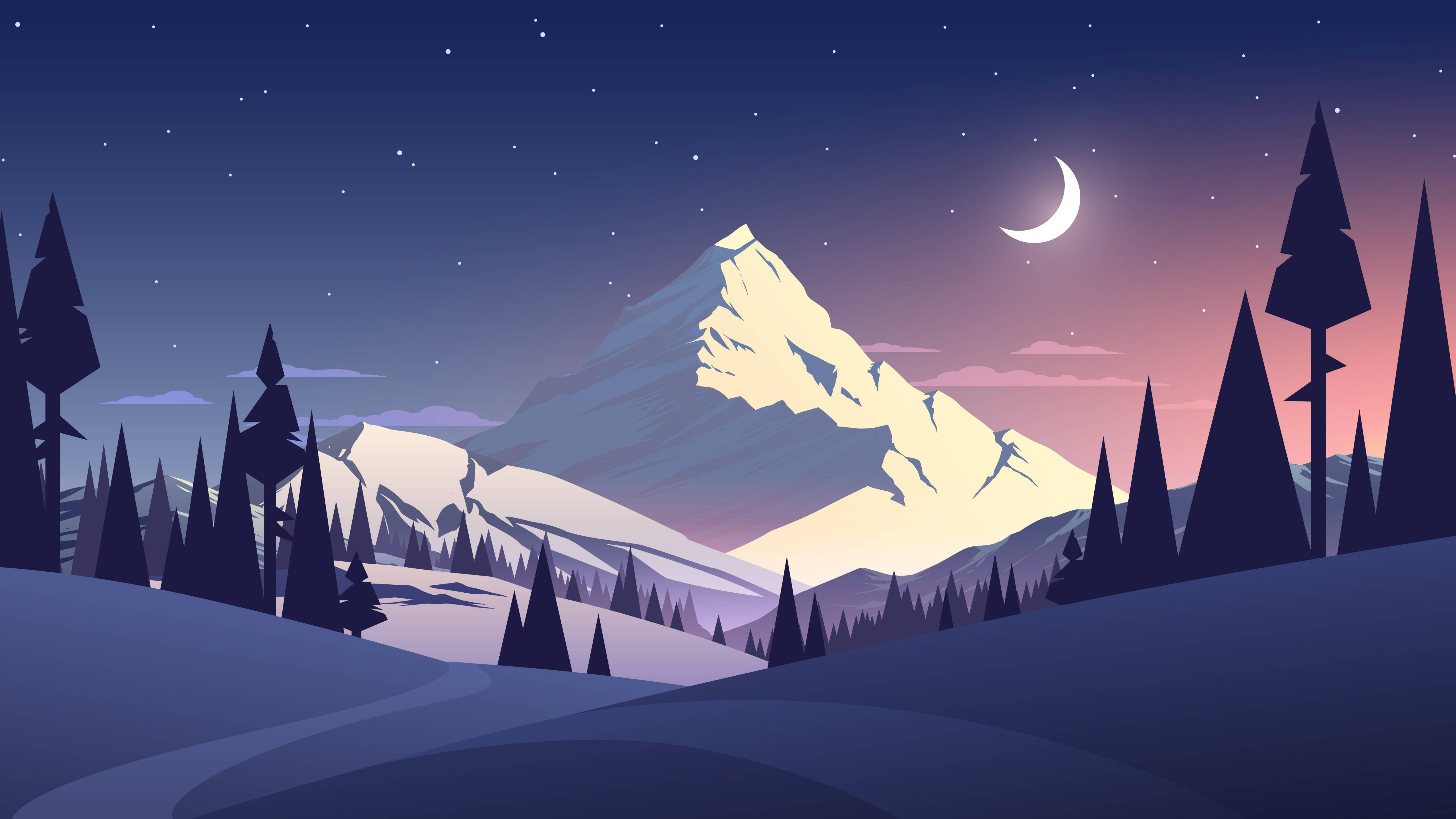vector 桌布 壁紙 — 寧靜的夜景，新月和星空下白雪覆蓋的山峰，被深色松樹環繞。