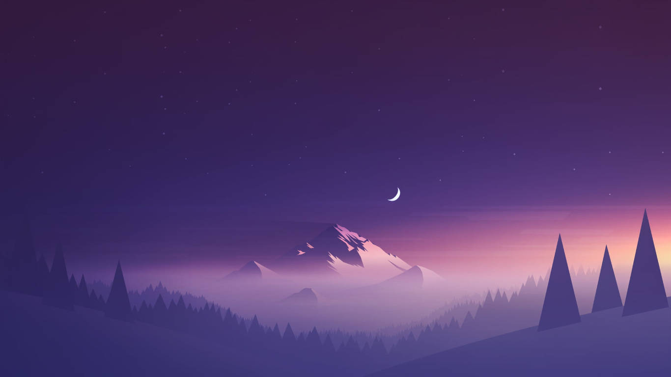 Violet 桌布 壁紙 — 寧靜的夜景，新月高掛在積雪的山峰之上，松樹的剪影映襯在繁星點點的紫色天空下。