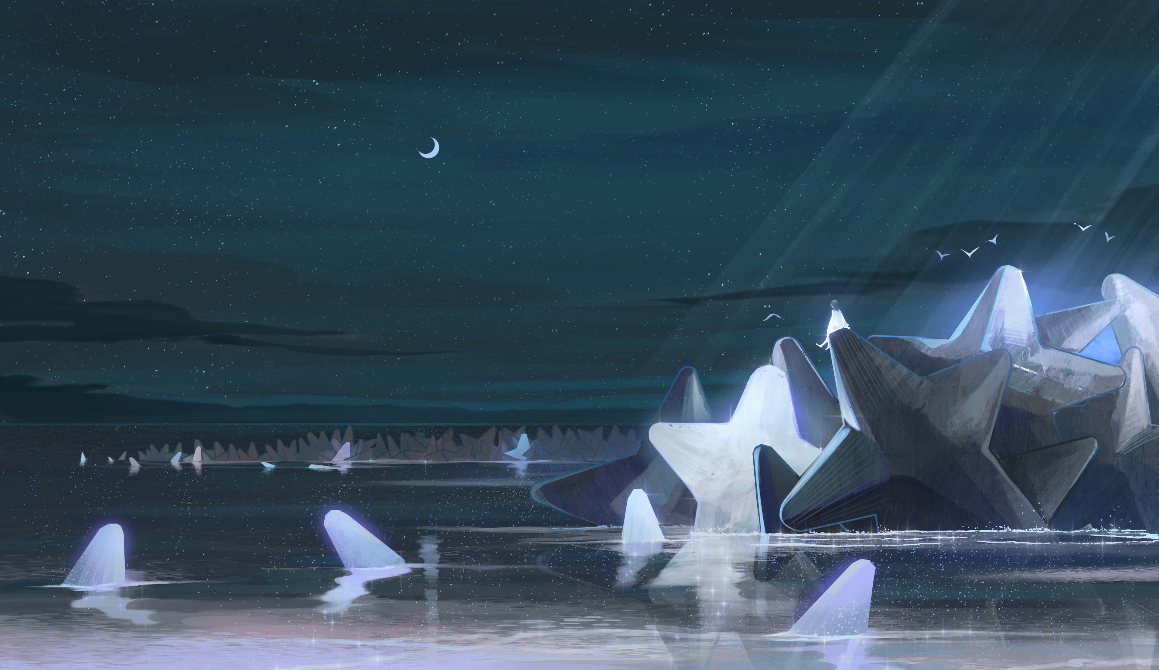 動漫 桌布 壁紙 — 寧靜的夜景，星形冰山漂浮在平靜的水面上，新月和星空下。