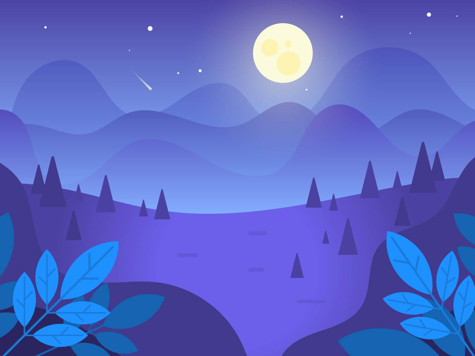 矢量藝術 桌布 壁紙 — 寧靜的夜景，星空下紫色山脈和藍色樹葉上方有發光的月亮。