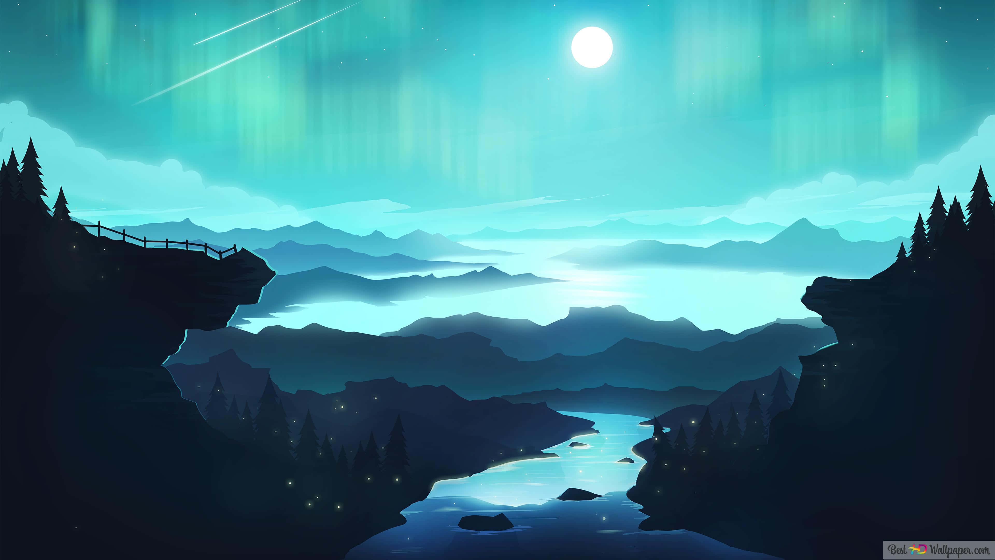 Minimalist Blue 桌布 壁紙 — 寧靜的夜景，有發光的月亮、綠色極光，以及蜿蜒穿過層層山脈的河流，在星空下。