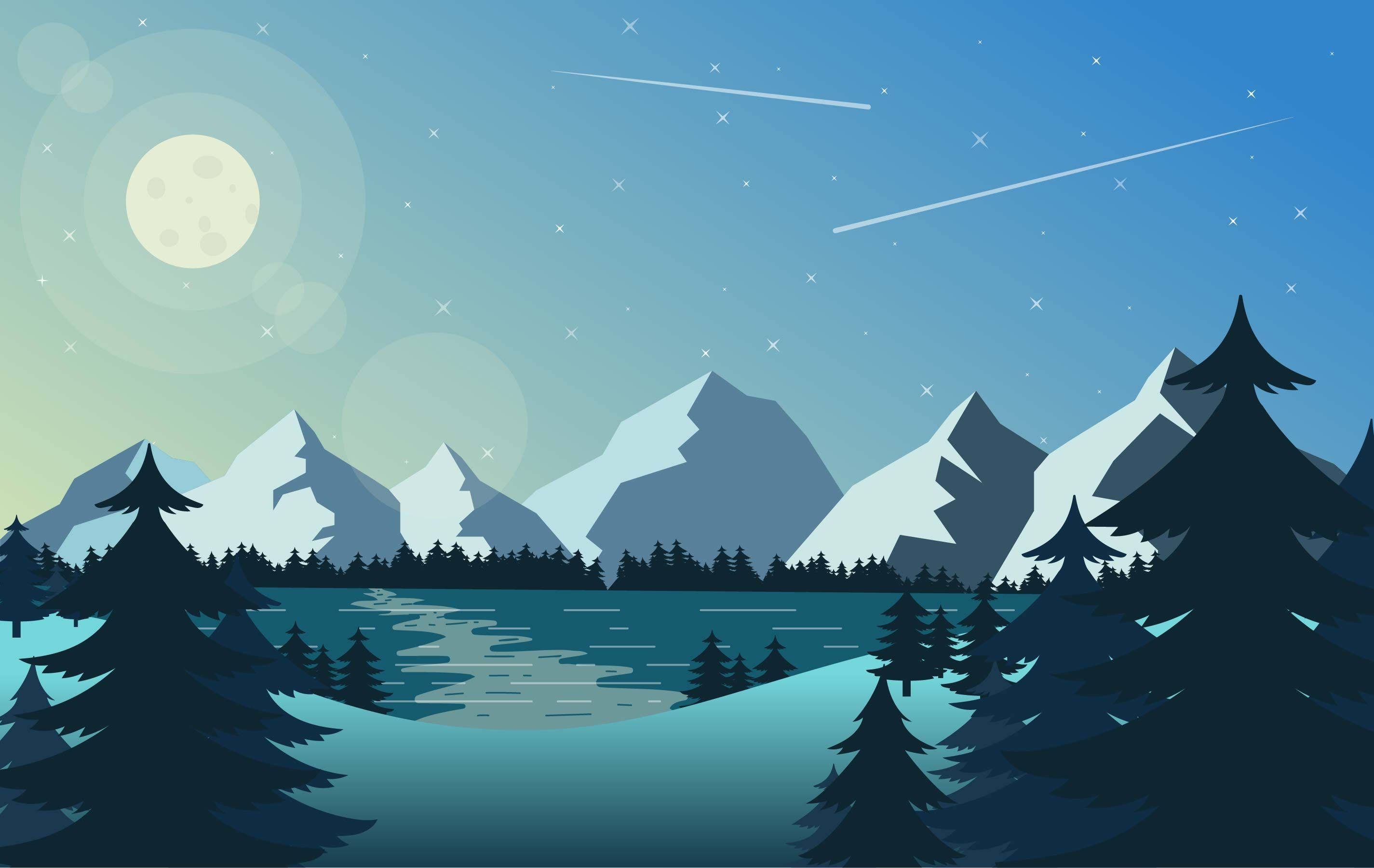 樹木 桌布 壁紙 — 寧靜的夜景，有積雪的山峰、平靜的湖泊和常綠樹，在滿月和流星點綴的星空下。