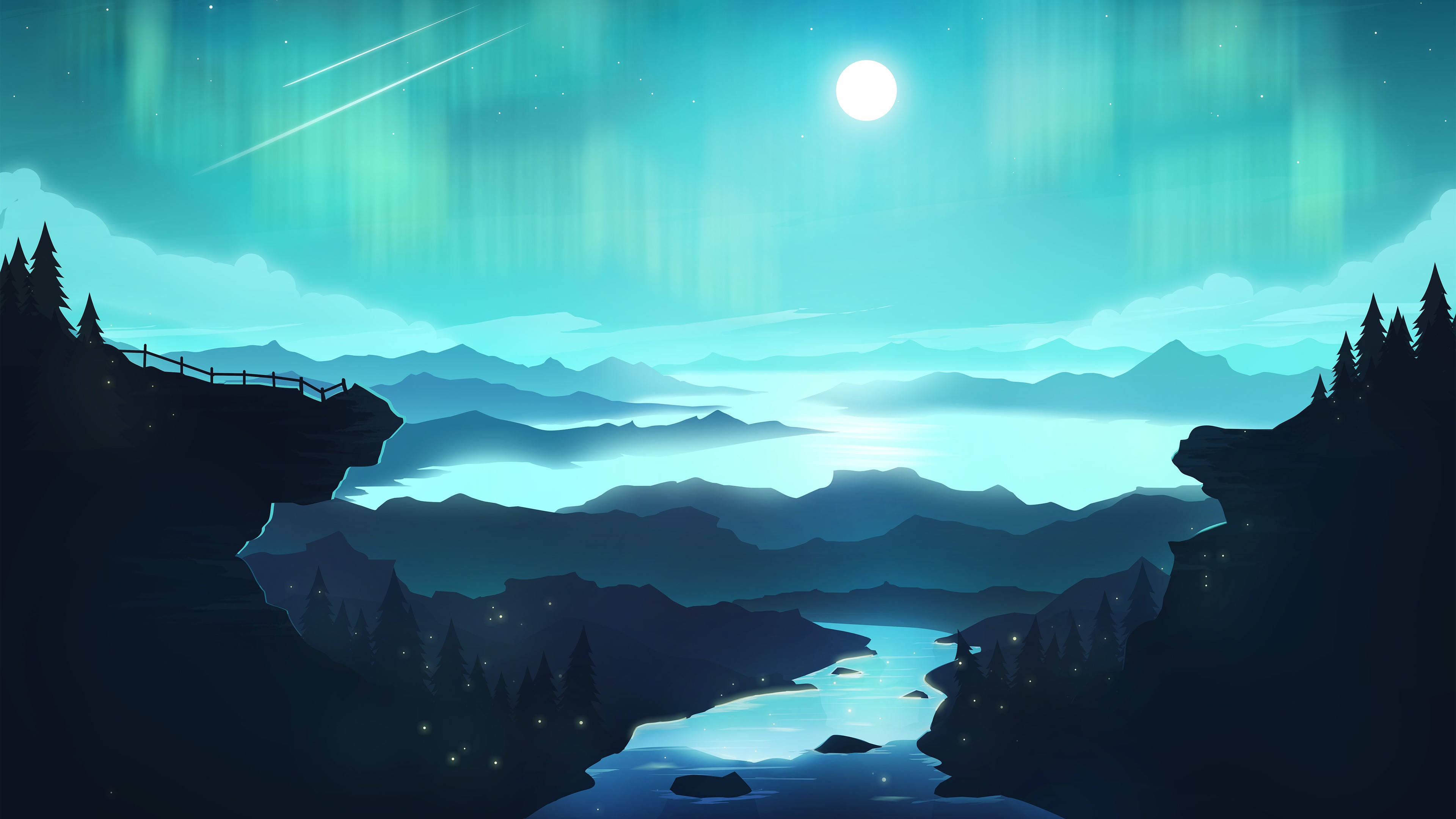 自然 桌布 壁紙 — 寧靜的夜景，極光在月光照耀的湖面上舞動，周圍是剪影般的山脈和松樹林。