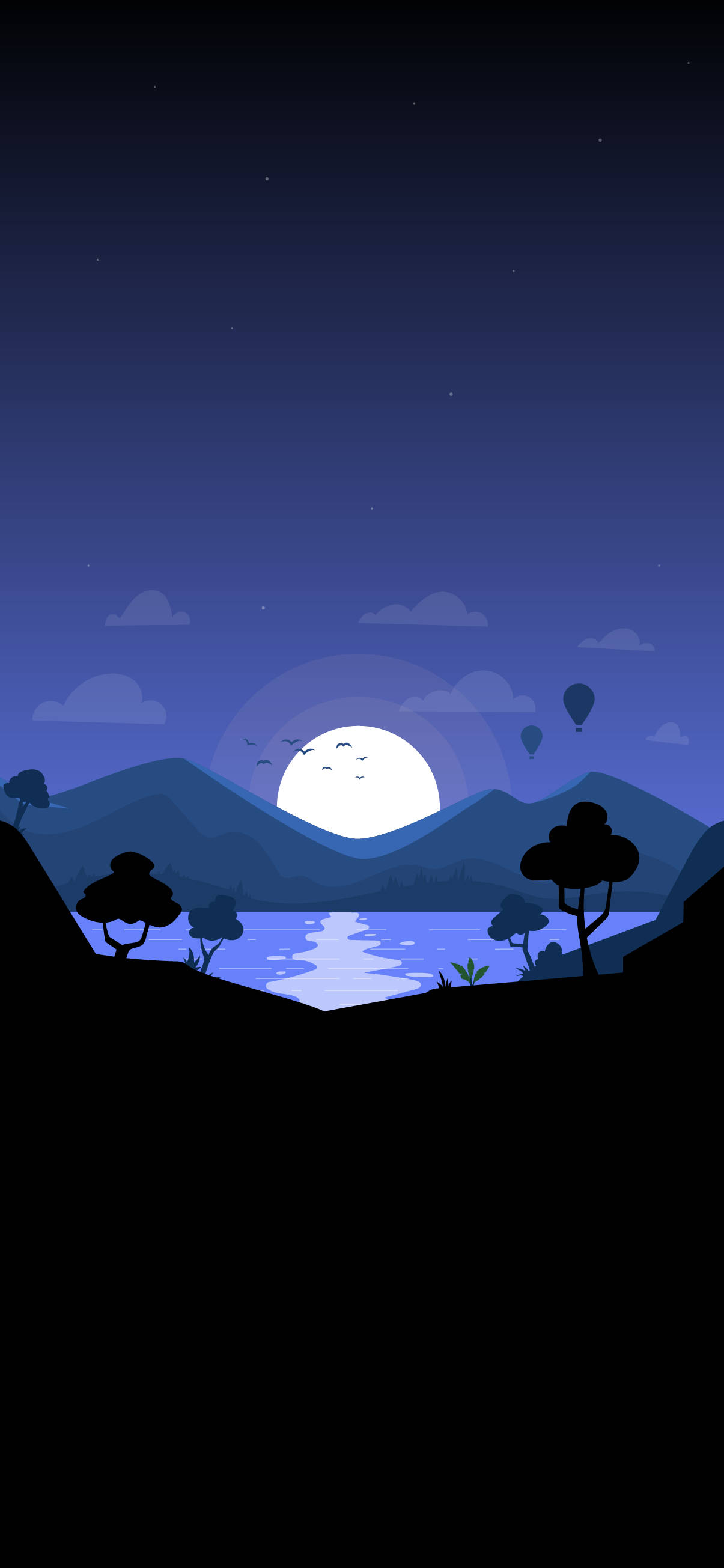 Cool Android 桌布 壁紙 — 寧靜的夜景，滿月倒映在平靜的湖面上，周圍是山脈和樹木的剪影。