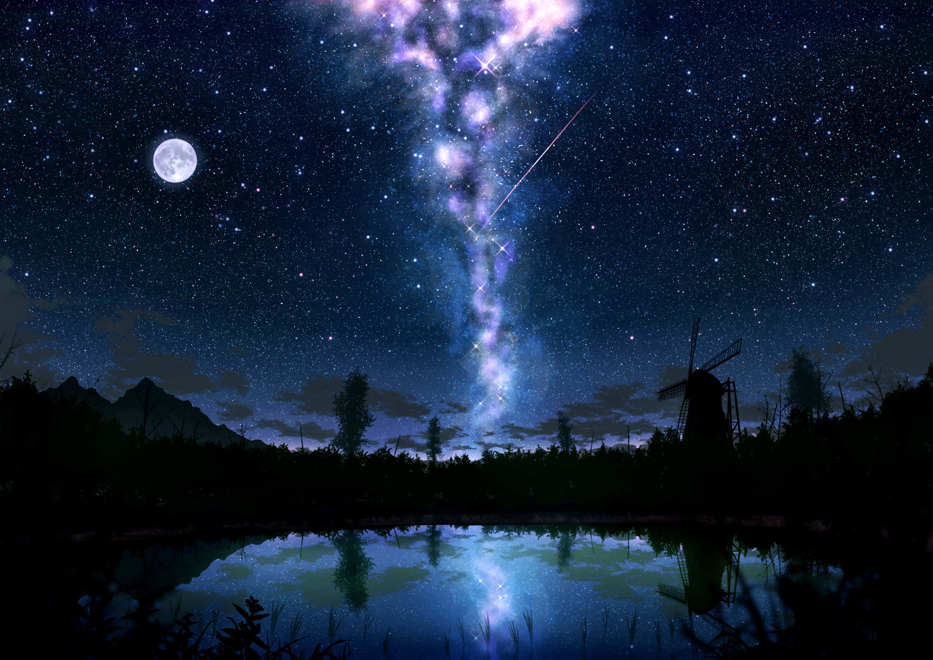 夜空 桌布 壁紙 — 寧靜的夜景，滿月和充滿活力的銀河倒映在平靜的湖面上，周圍是剪影樹木和風車。