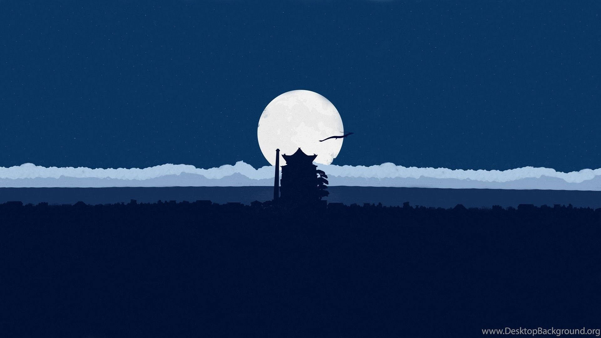 神隱少女 桌布 壁紙 — 寧靜的夜景，滿月在傳統寶塔剪影後升起，襯托著繁星點點的深藍色天空。