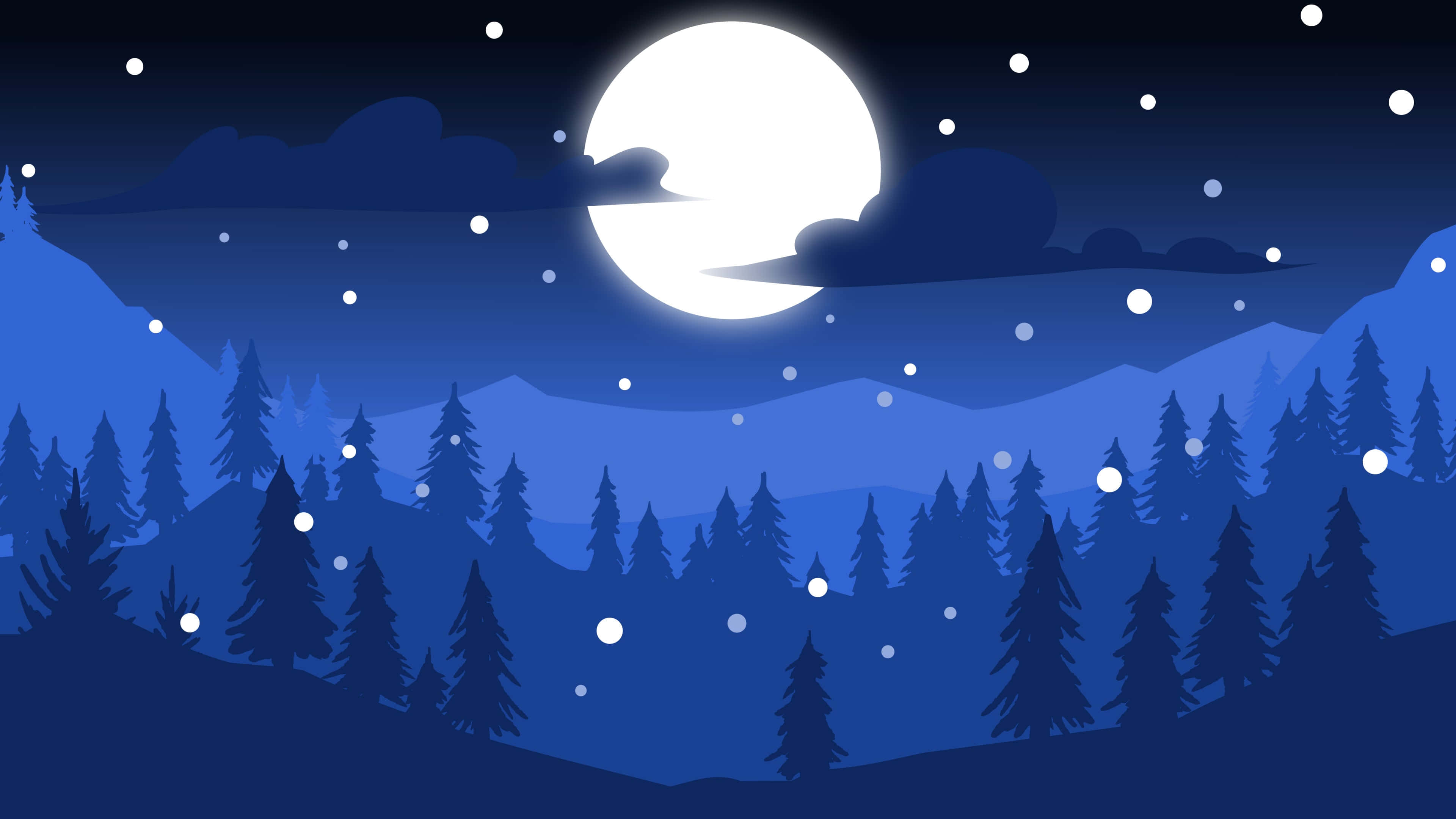 Blue Gray 桌布 壁紙 — 寧靜的夜景，滿月在雪松和遠山之上閃耀，星空之下。