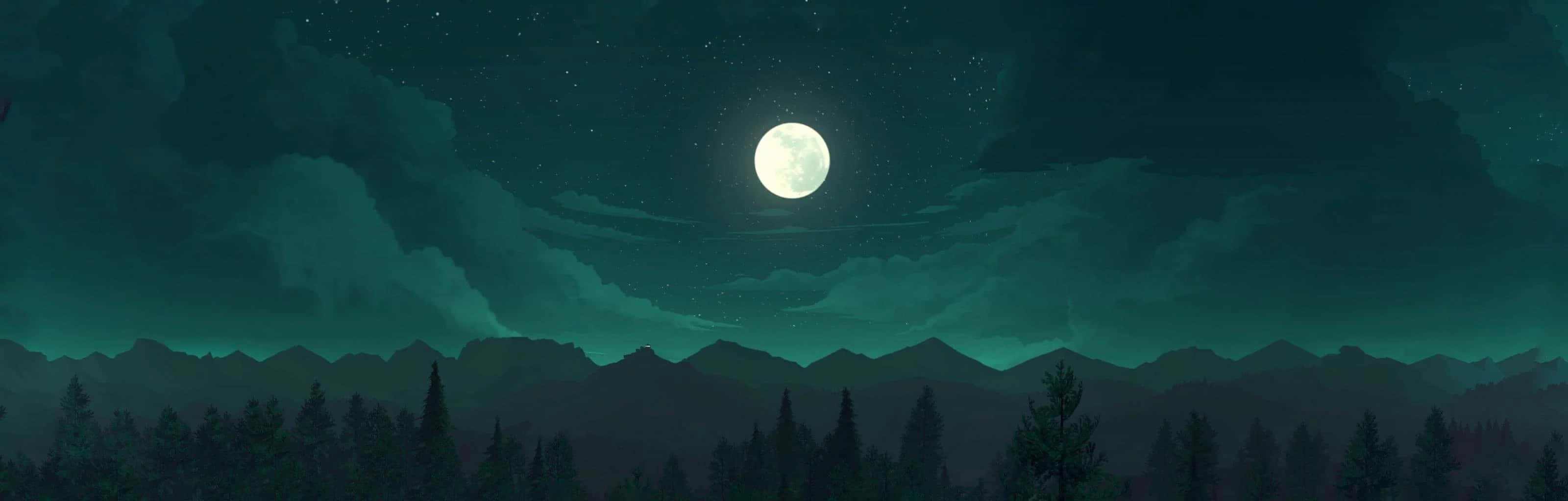 雙螢幕桌布 桌布 壁紙 — 寧靜的夜景，滿月在黑暗的山脈和森林上空發光，下方是繁星點點的藍綠色天空。