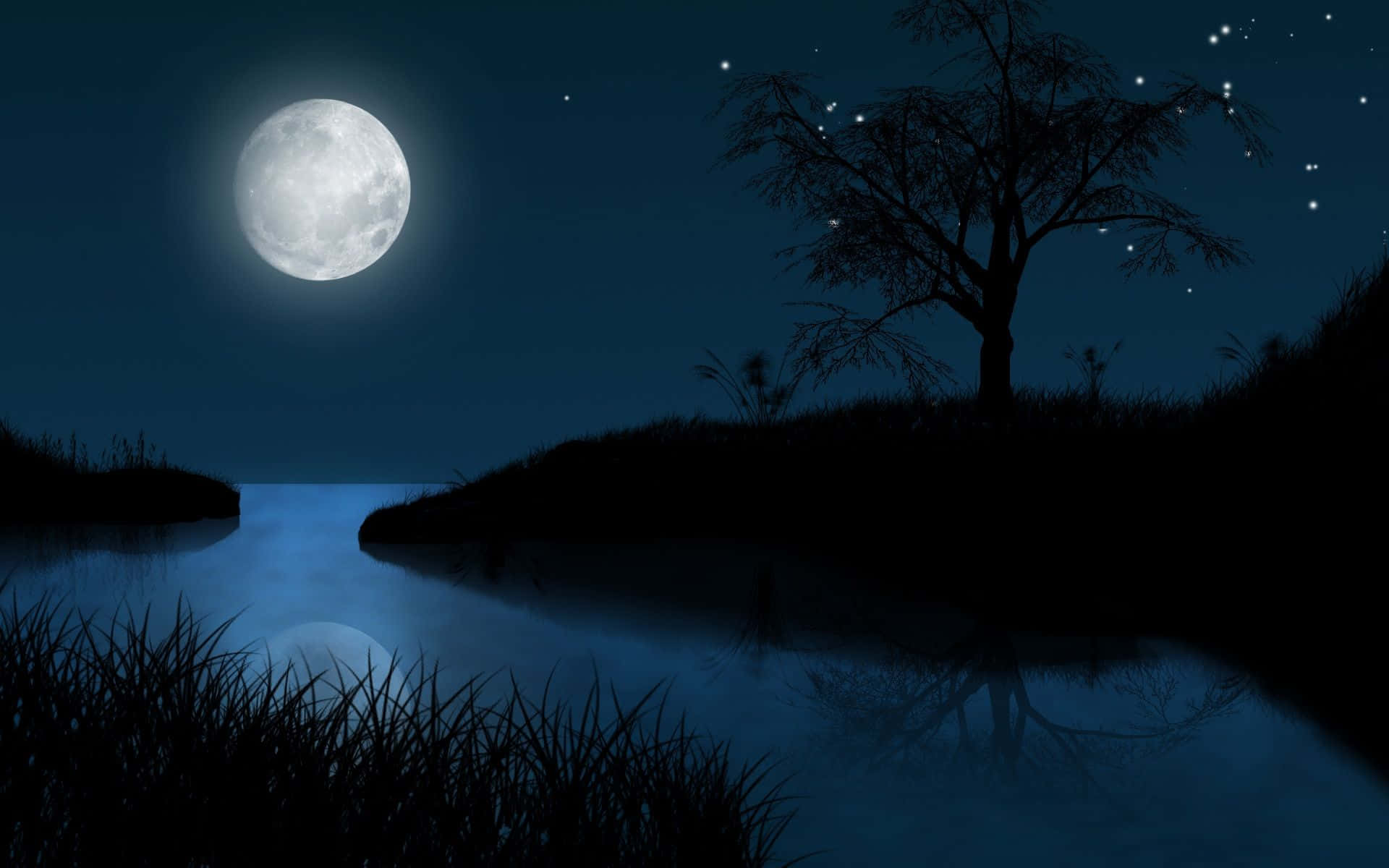 Pretty Moon 桌布 壁紙 — 寧靜的夜景，滿月將藍光投射在平靜的河流和剪影樹上。