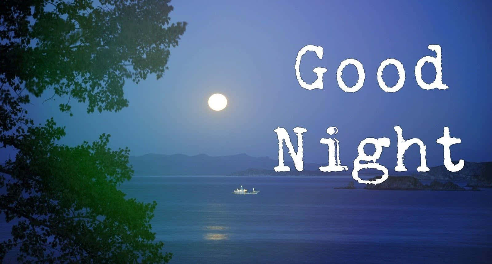 good night animated 桌布 壁紙 — 寧靜的夜景，滿月映照在平靜的水面上，由樹枝和遠處的小船框住，下方有發光的「晚安」文字。