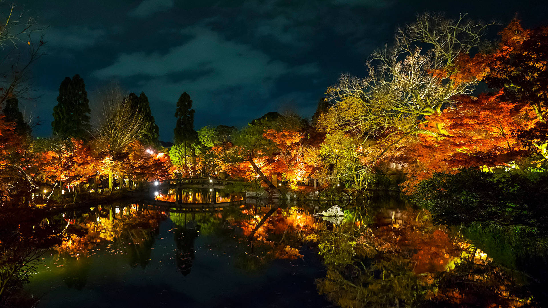 日式自然壁紙 桌布 壁紙 — 寧靜的夜景，照亮秋天的樹木在黑暗的天空下倒映在平靜的池塘中。