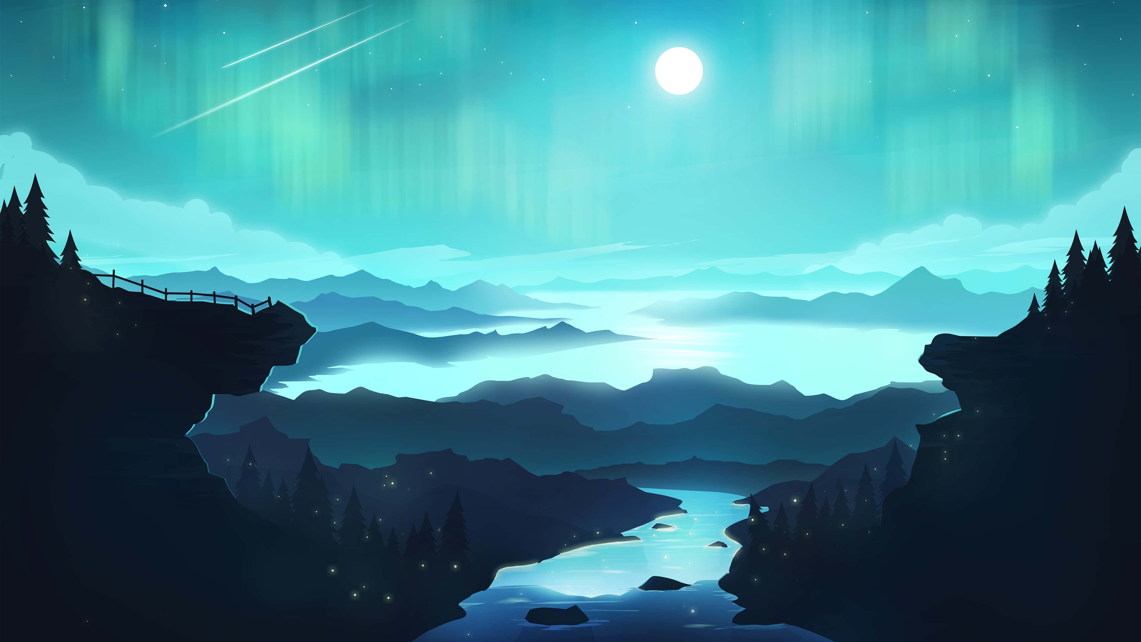 Cyan 桌布 壁紙 — 寧靜的夜景，發光的極光在月光照耀的湖面上舞動，湖邊環繞著輪廓分明的山脈和松樹林。