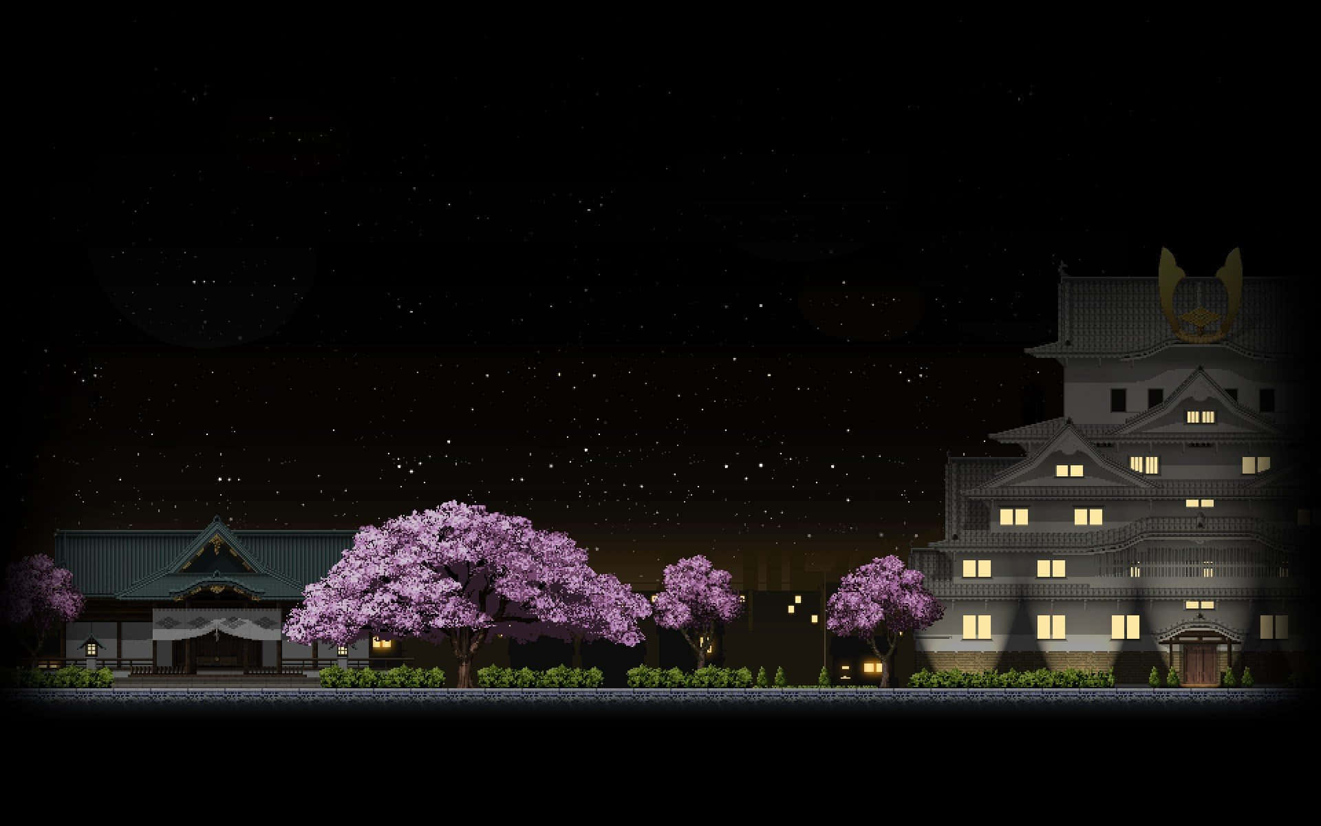 Dark Cherry Blossom 桌布 壁紙 — 寧靜的夜景，發光的櫻花樹和傳統日本建築在星空下。