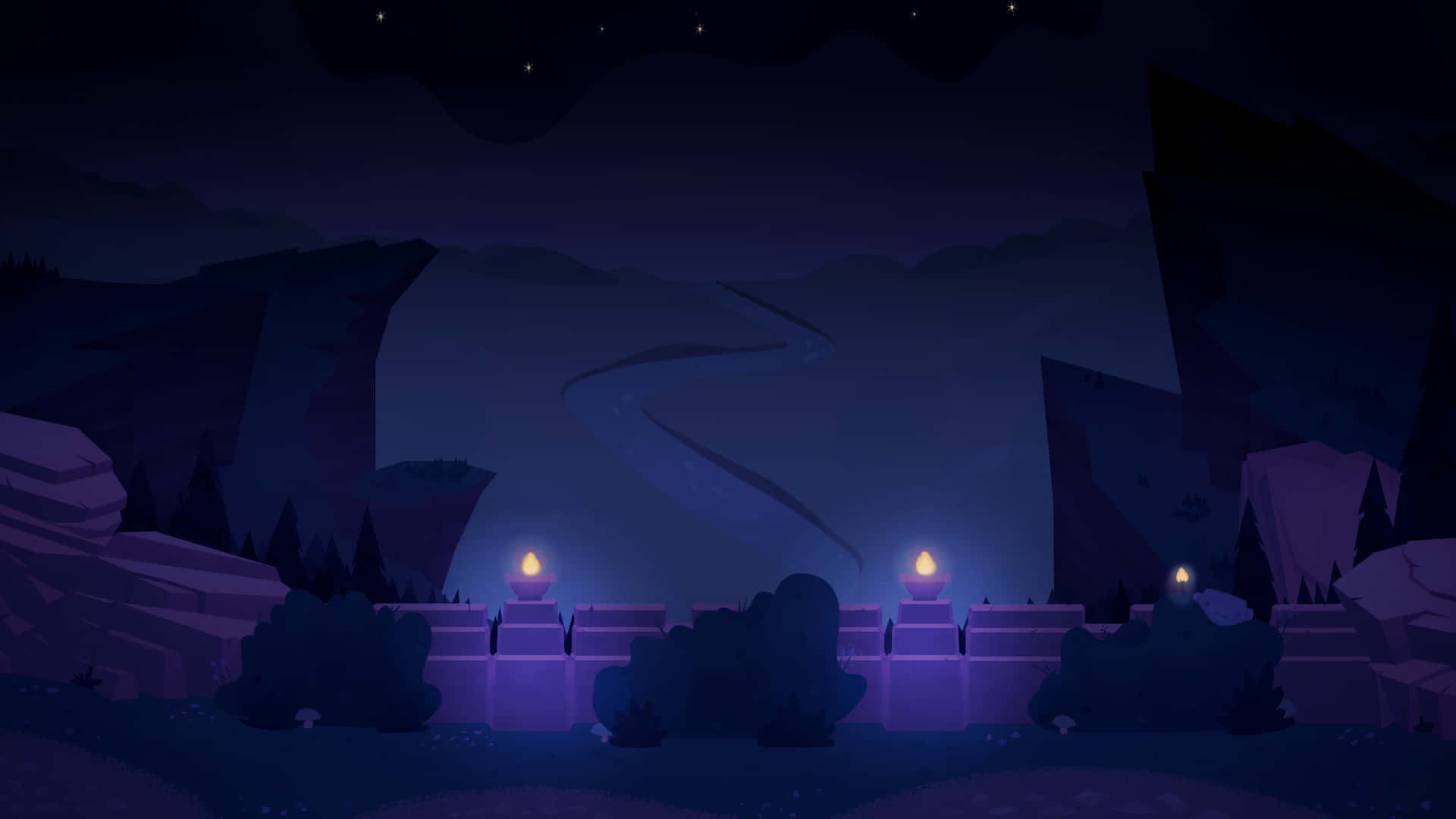 Discord 桌布 壁紙 — 寧靜的夜景，發光的燈籠照亮了山區景觀中蜿蜒河流上的石橋。