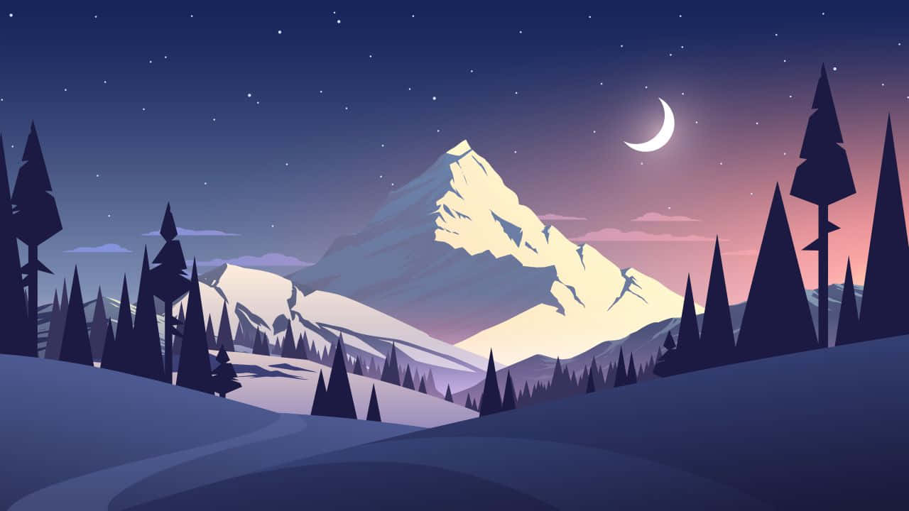 Illustration Art 桌布 壁紙 — 寧靜的夜景，白雪覆蓋的山峰在彎月和星空下閃耀，被深色松樹環繞。