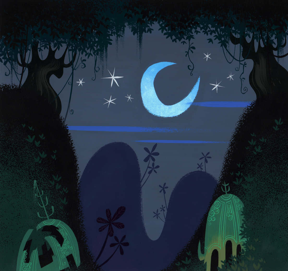samurai jack 桌布 壁紙 — 寧靜的夜景，閃爍的彎月和星星倒映在平靜的水面上，周圍環繞著黑暗的樹木和發光的綠色結構。