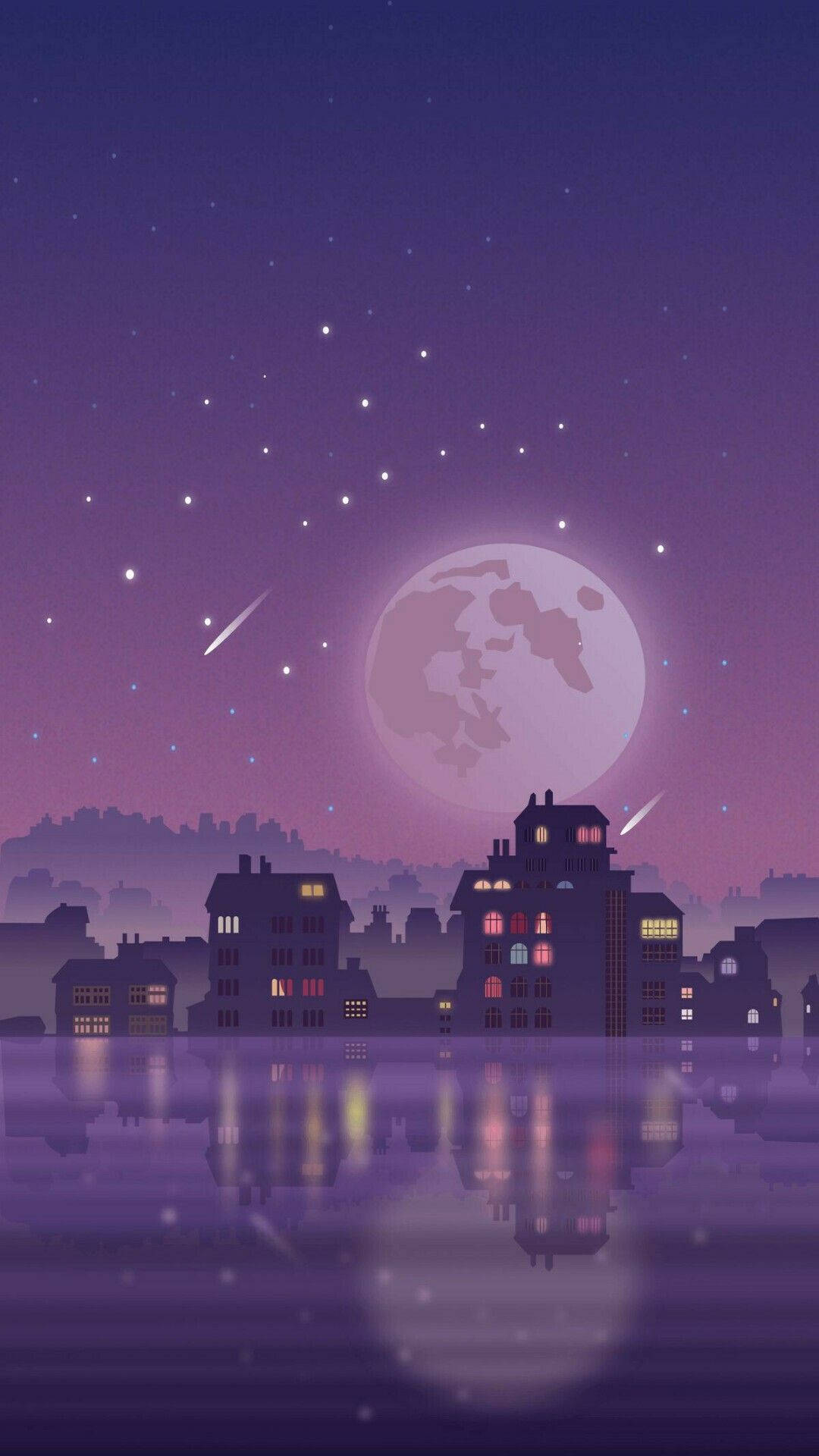 Skyscraper 桌布 壁紙 — 寧靜的夜景城市景觀，窗戶發光倒映在水中，巨大的月亮和流星劃過天際。
