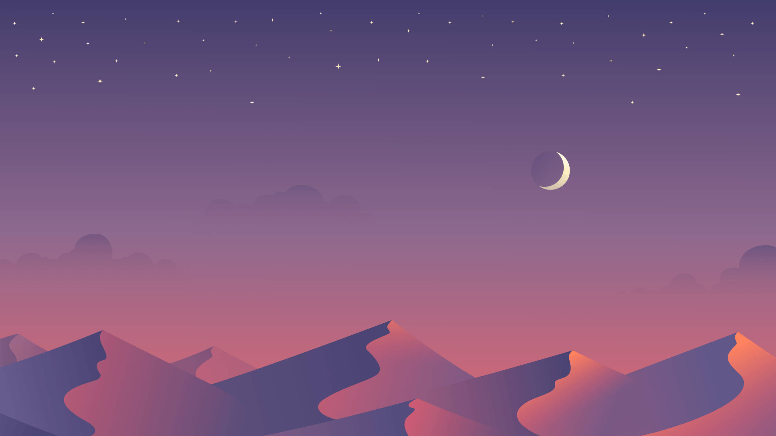 美學藝術 桌布 壁紙 — 寧靜的夜空，一彎新月和星星在剪影的山峰上方，散發出粉紅和紫色的光芒。
