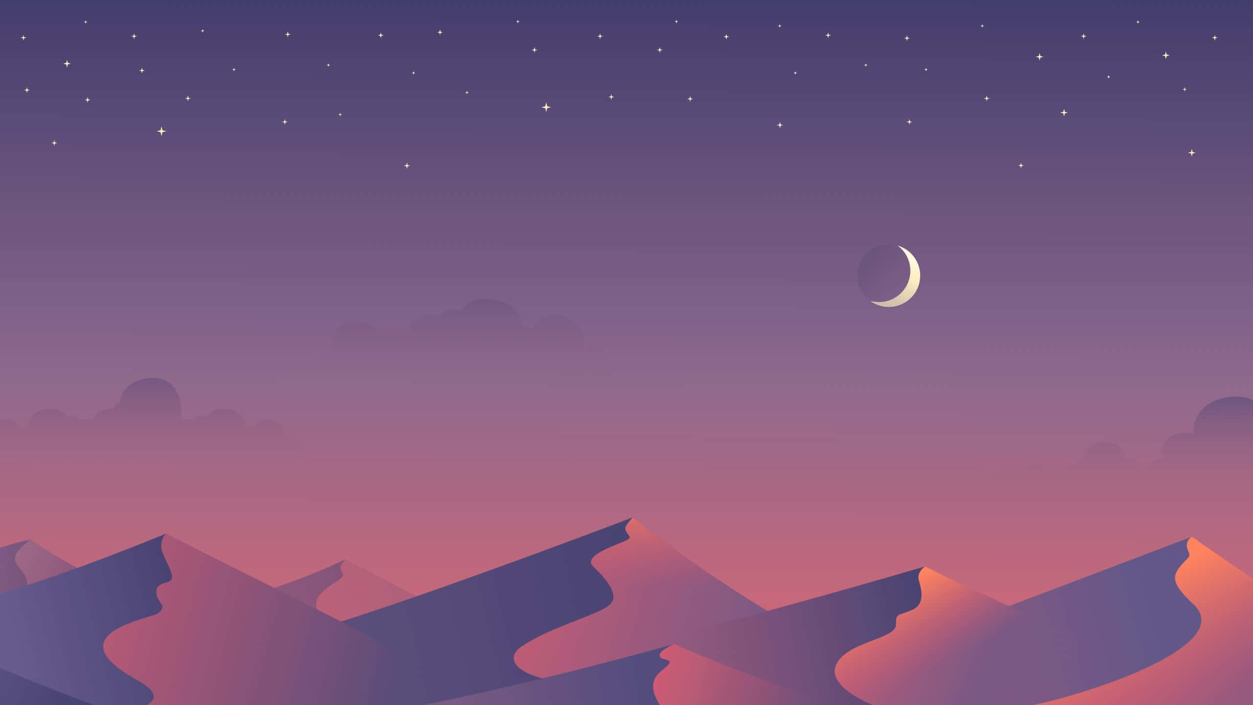 Aesthetic YouTube Banner 桌布 壁紙 — 寧靜的夜空，一彎新月和星星點綴在剪影般的紫色山脈之上，山巒散發著粉紅和橙色的光芒。