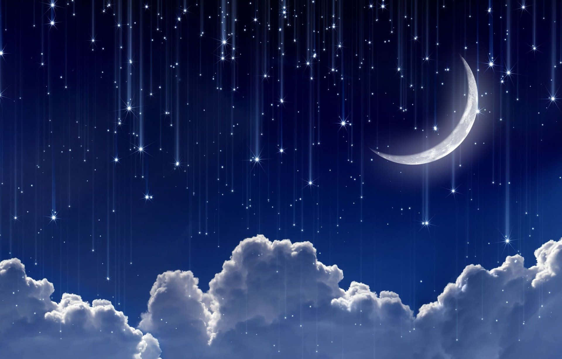 Stars 桌布 壁紙 — 寧靜的夜空，一彎新月和閃爍的星星如雨般落在蓬鬆的白雲上。