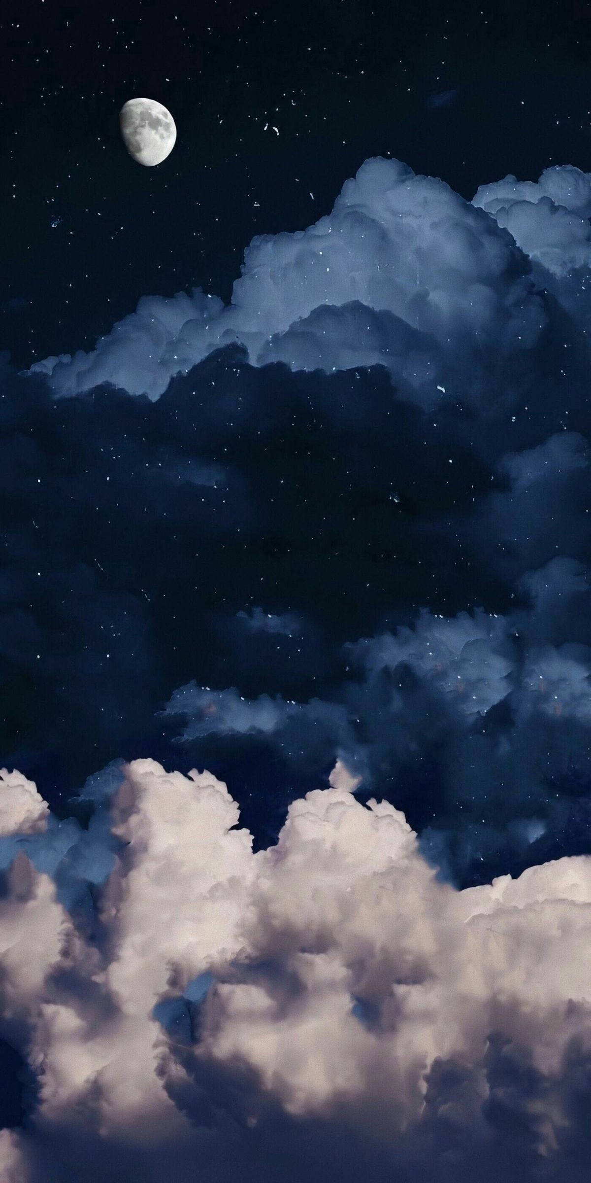 雲朵 桌布 壁紙 — 寧靜的夜空，一彎新月和閃爍的星星從厚實的雲層中探出頭來。