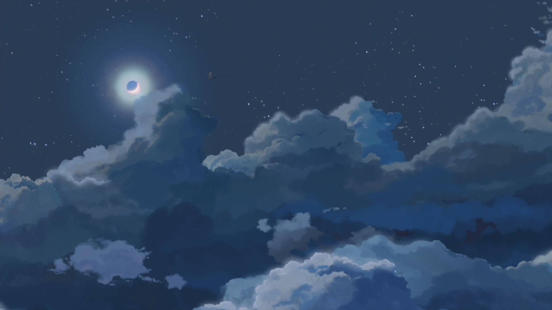 桌布 壁紙 — 寧靜的夜空，一彎發光的弦月從點綴著星星的柔和藍灰色雲層中探出頭來。